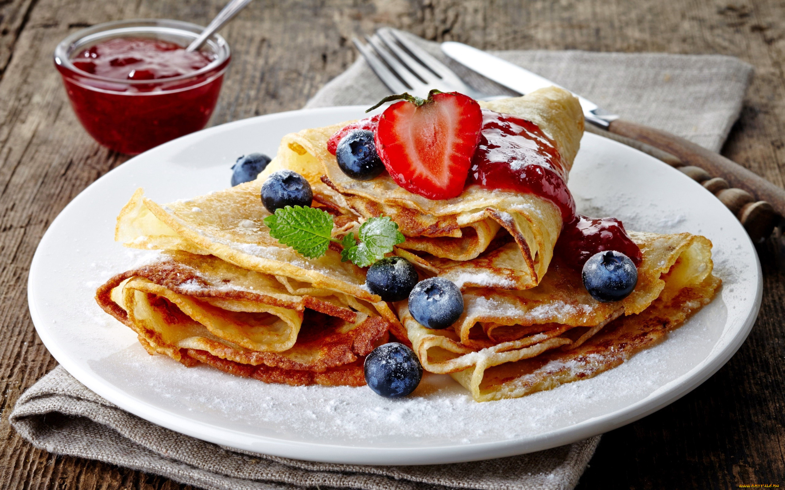Strawberries Fruit Food Sweets Crepes Blueberries Mint Leaves Sugar Plates Fork Table Knife Wooden S 2560x1600