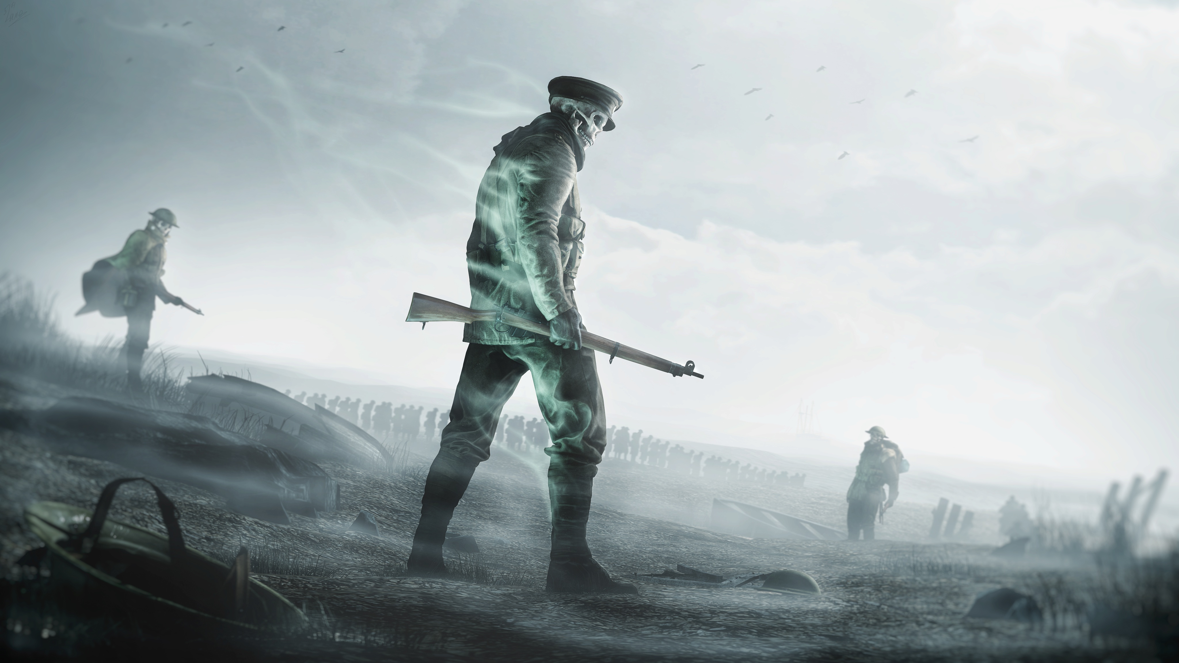 Artwork War Soldier Dead Ghosts Skull Rifles 4096x2304