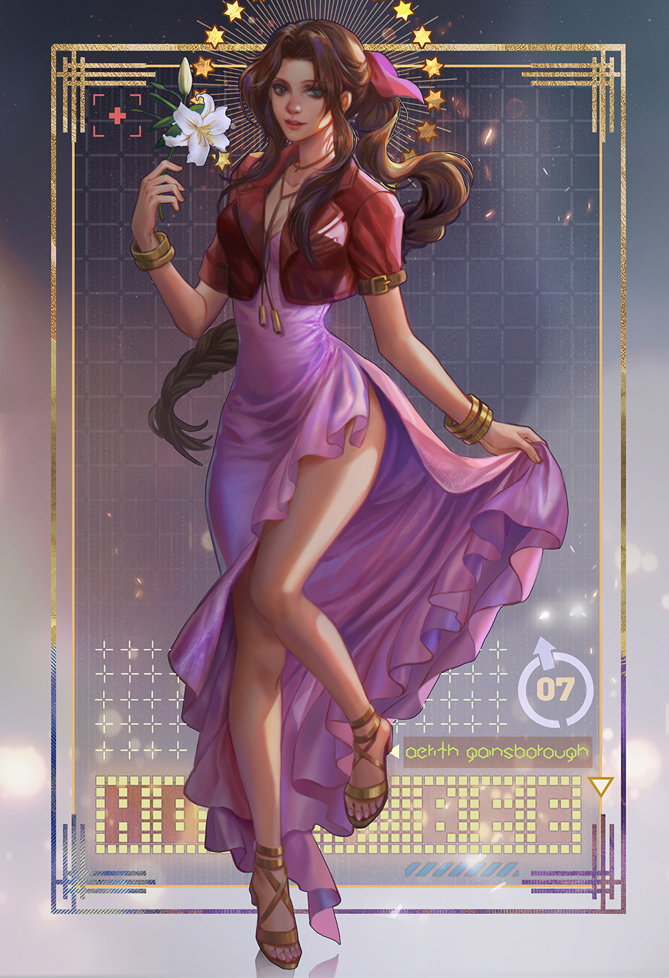 Jiuge Drawing Final Fantasy Vii Women Aerith Gainsborough Brunette Long Hair Flowers Dress Pink Clot 975x1425