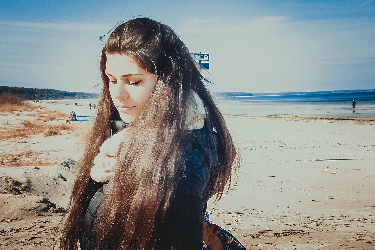 Model Russian Women Latvia Brunette Long Hair Beach Sea Women On Beach Jacket Black Jackets Closed E 1280x853