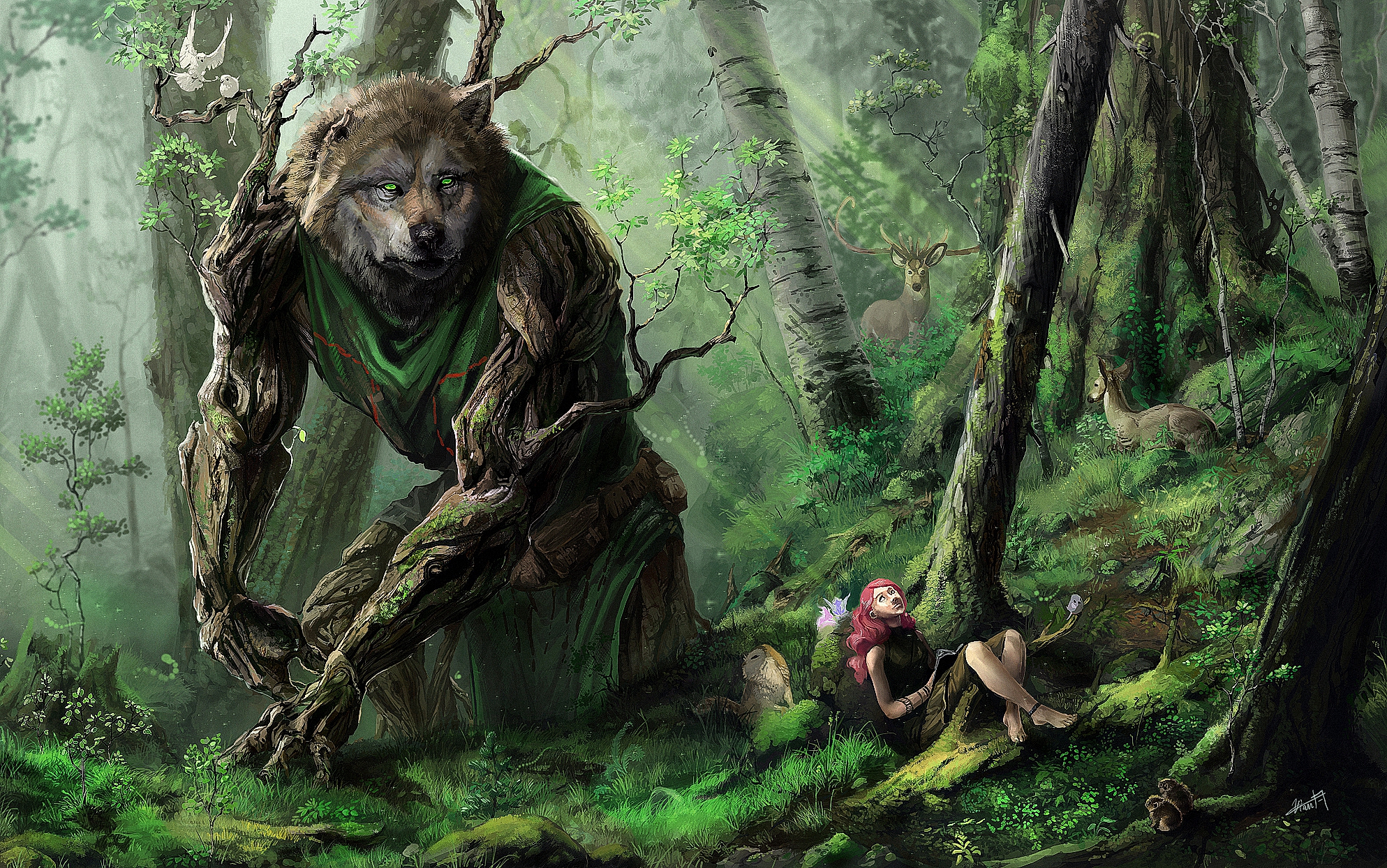 Digital Art Forest Women Wolf Deer Nature Fantasy Art Fable Gunnerkrigg Court 1987x1244