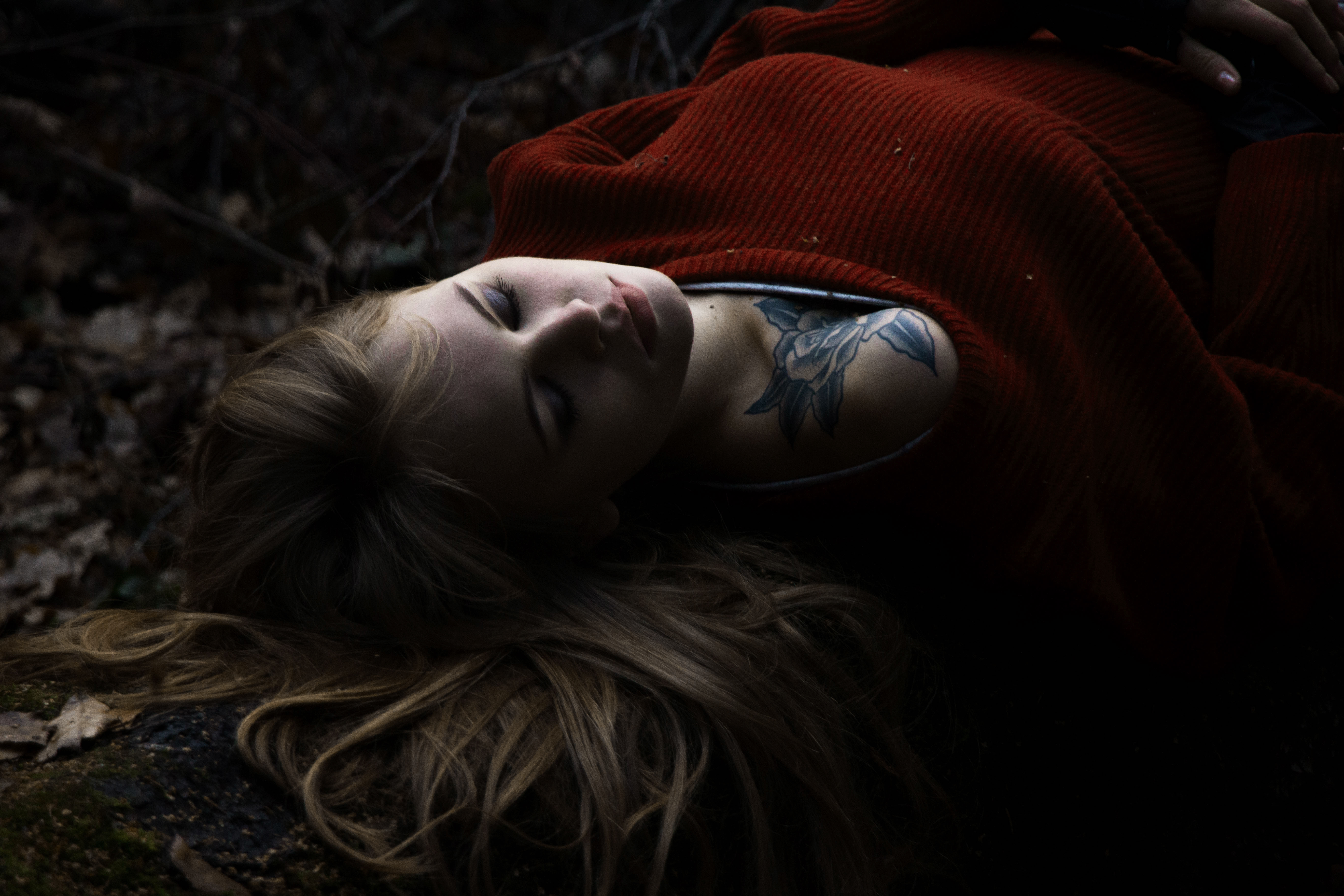 Model Women Red Sweater Sweater Russian Hair Spread Out Makeup Make Up Closed Eyes 5472x3648
