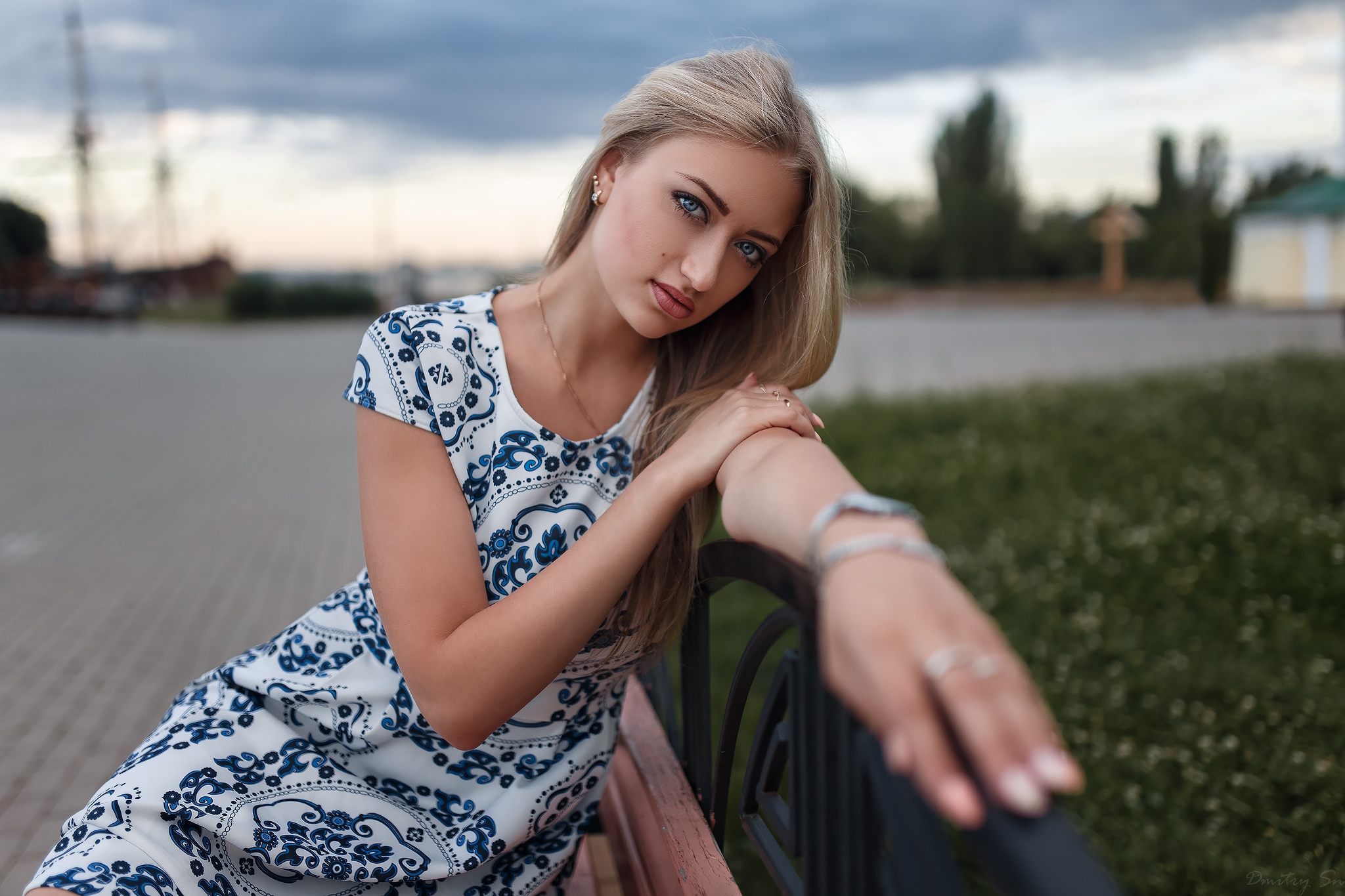 Dmitry Shulgin Women Model Portrait Lisa Model Women Outdoors Blonde Blue Eyes Long Hair White Dress 2048x1365
