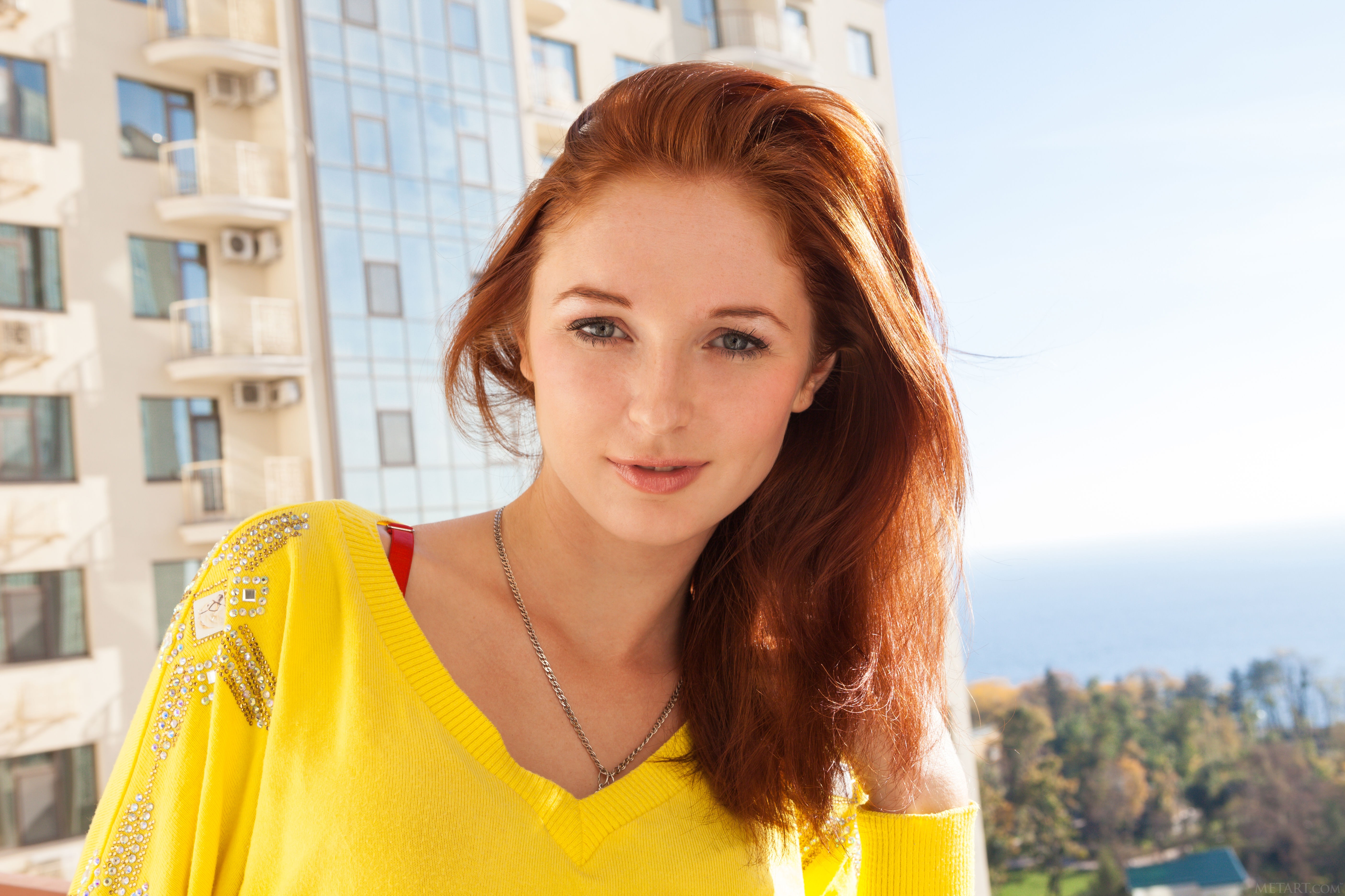 Redhead Women Long Hair Yellow Sweater Smiling Women Outdoors Blue Eyes 5616x3744