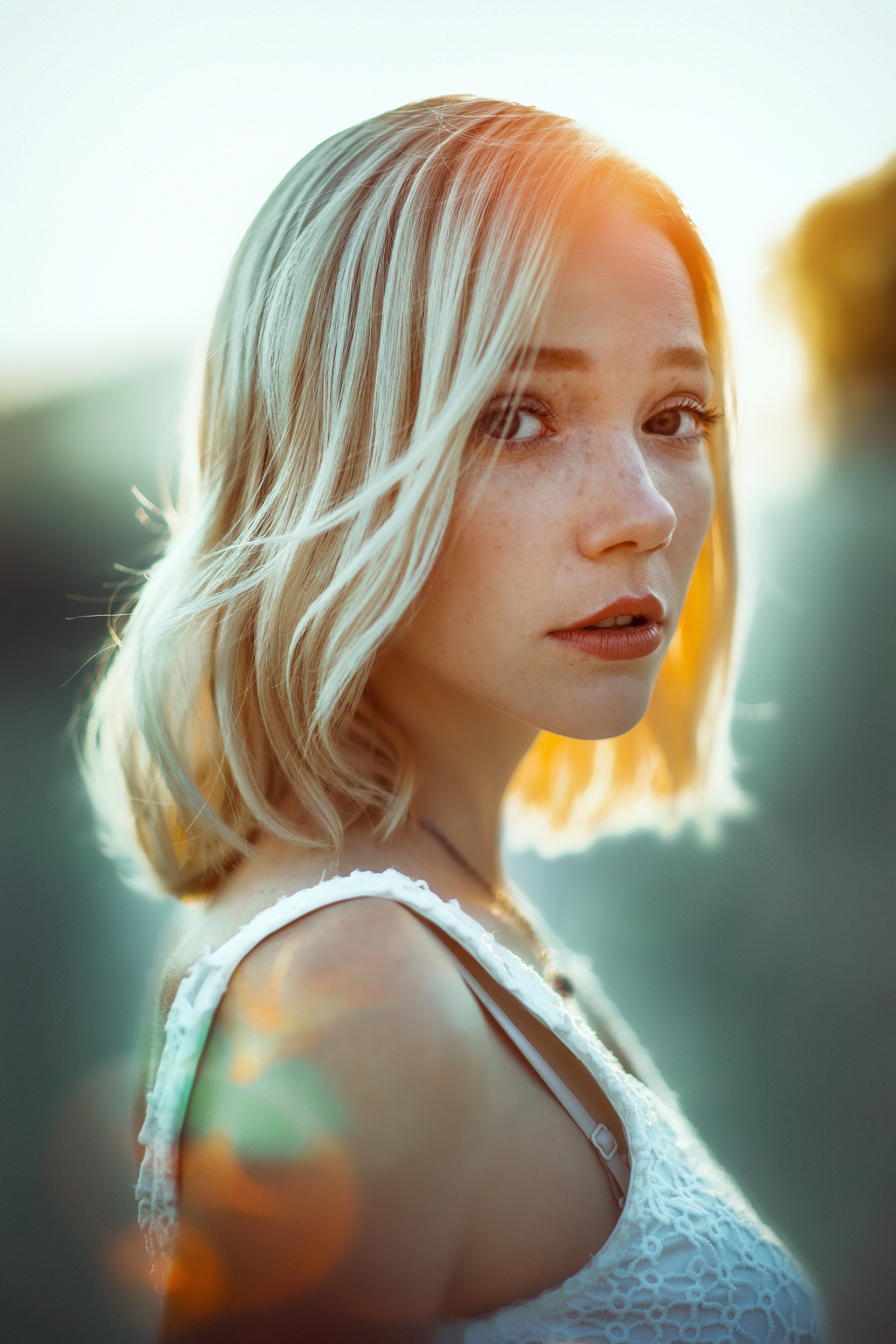 Women Model Blonde Portrait Looking At Viewer Outdoors Depth Of Field Sun Rays Sunset Face Shoulder  1440x2160