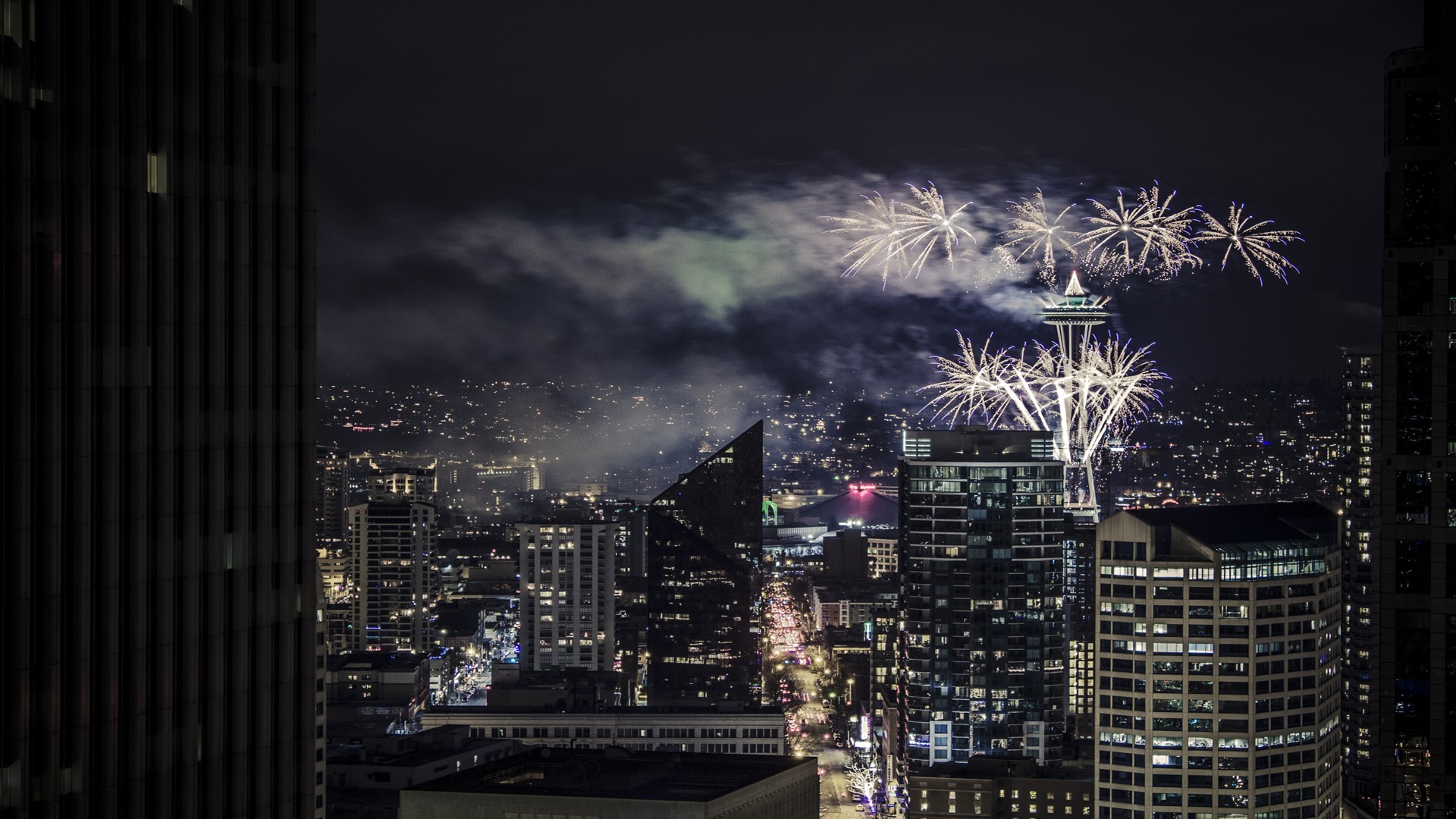 City Seattle Space Needle Fireworks Night 1920x1080