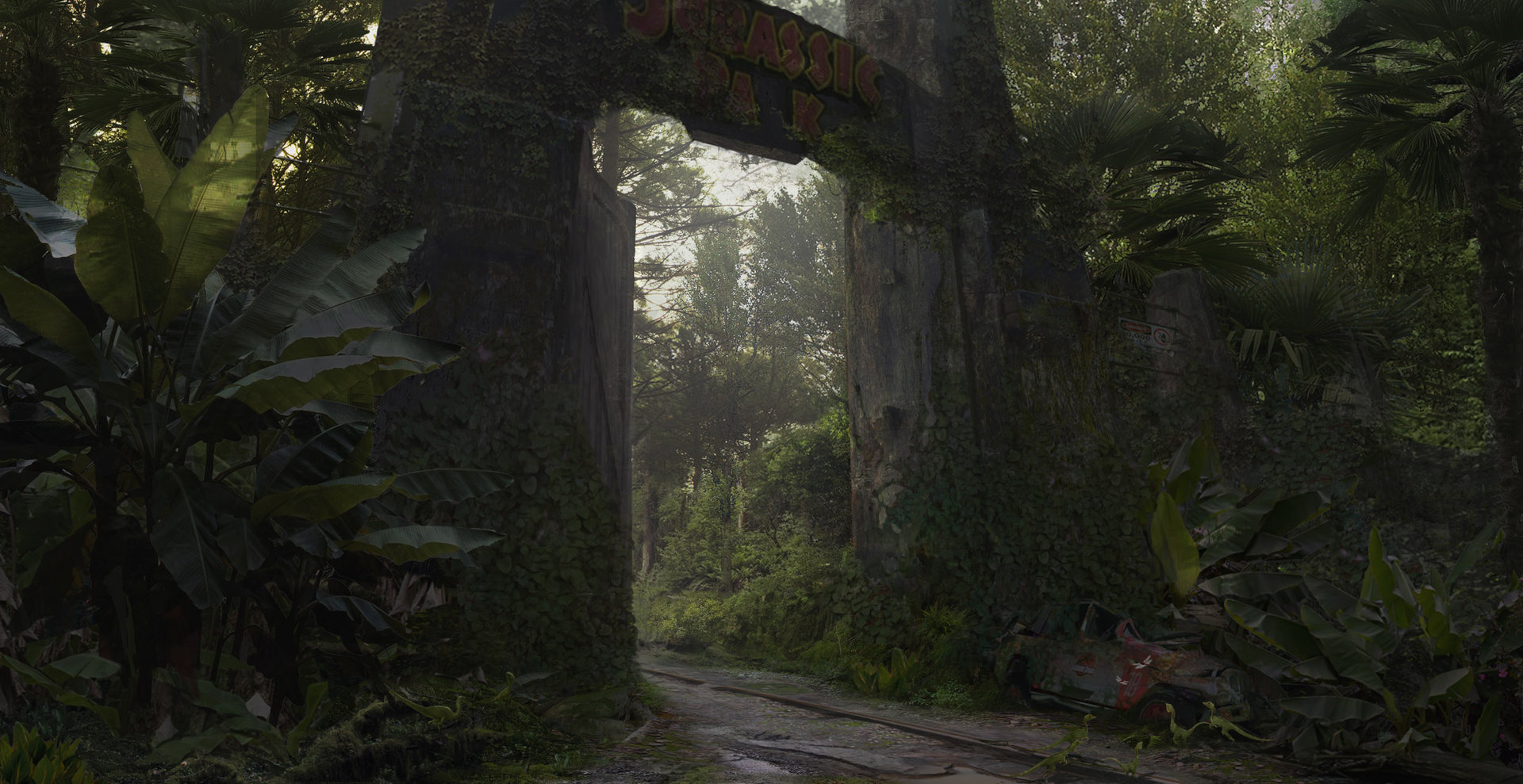 Plants Jeep Moss Trees Forest Gates Jurassic Park Fence Road Ruins Leaves Isla Nublar 1920x989