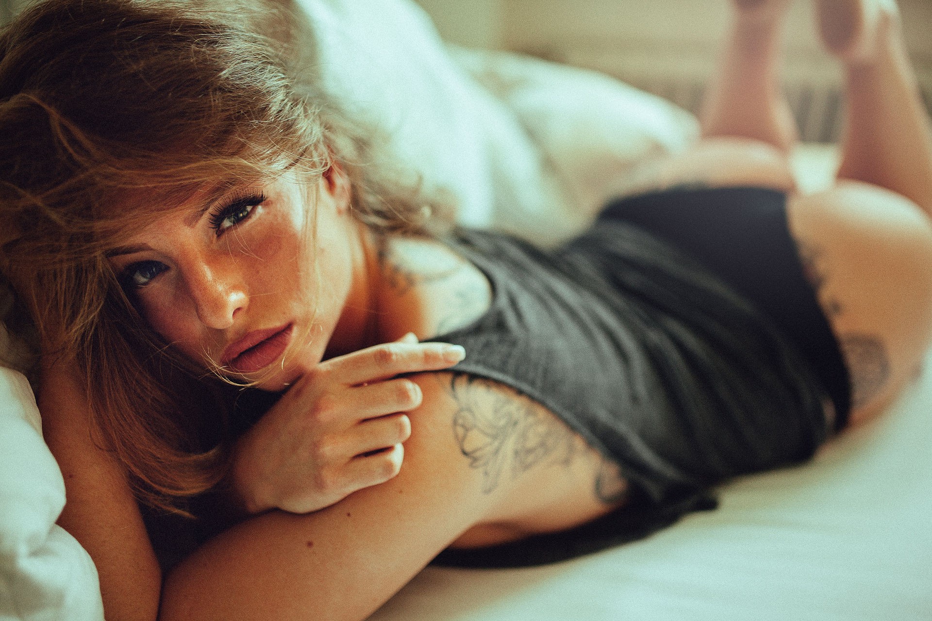 Women Model Andre Josselin Brunette Looking At Viewer Tattoo Black Tops 1920x1280