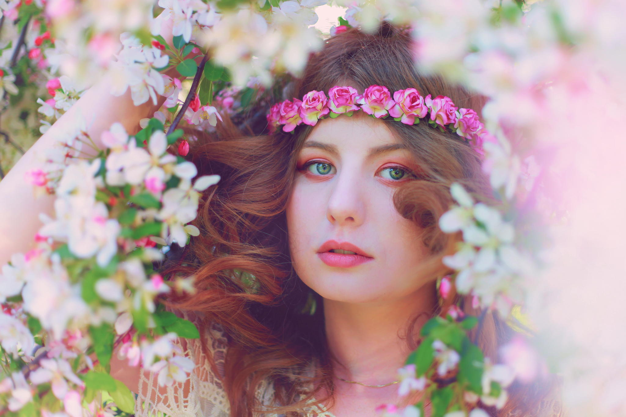 Woman Model Blossom Flower Redhead Green Eyes 2048x1365