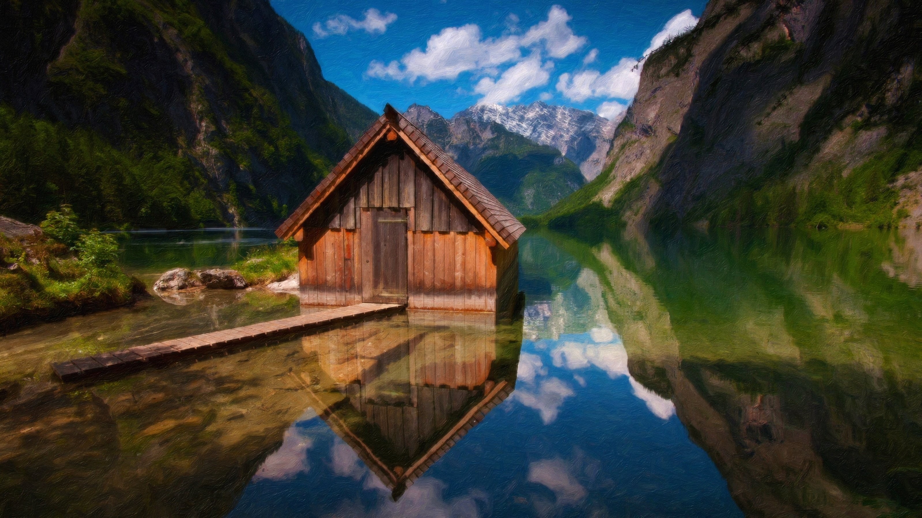 Obersee Lake Painting Traditional Art Artwork 3200x1800