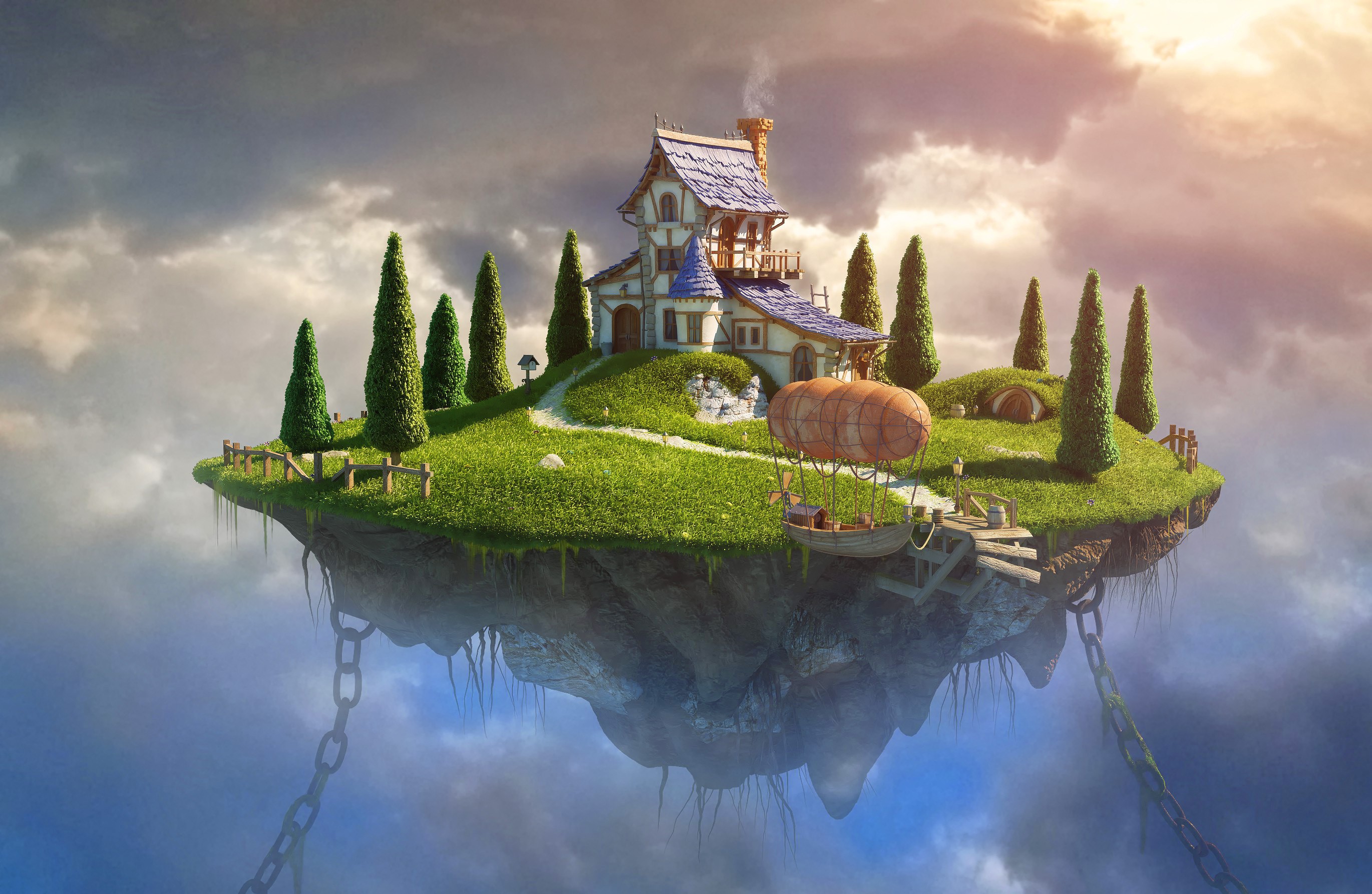 Fantasy Art Digital Art House Trees Chains Zeppelin Rock Clouds Floating Island 2740x1786