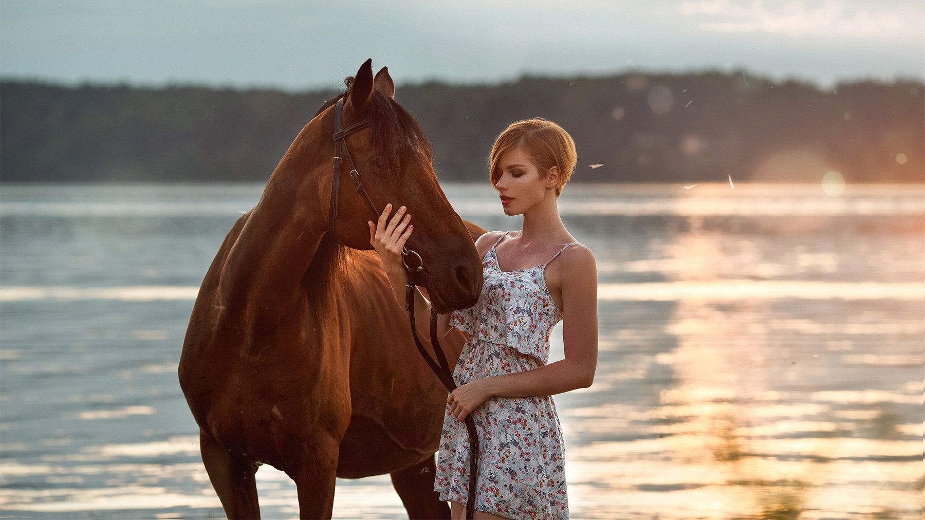 Anastasia Zhilina Women Short Hair Redhead Red Lipstick Profile Closed Eyes Portrait Dress Horse Ani 1800x1012