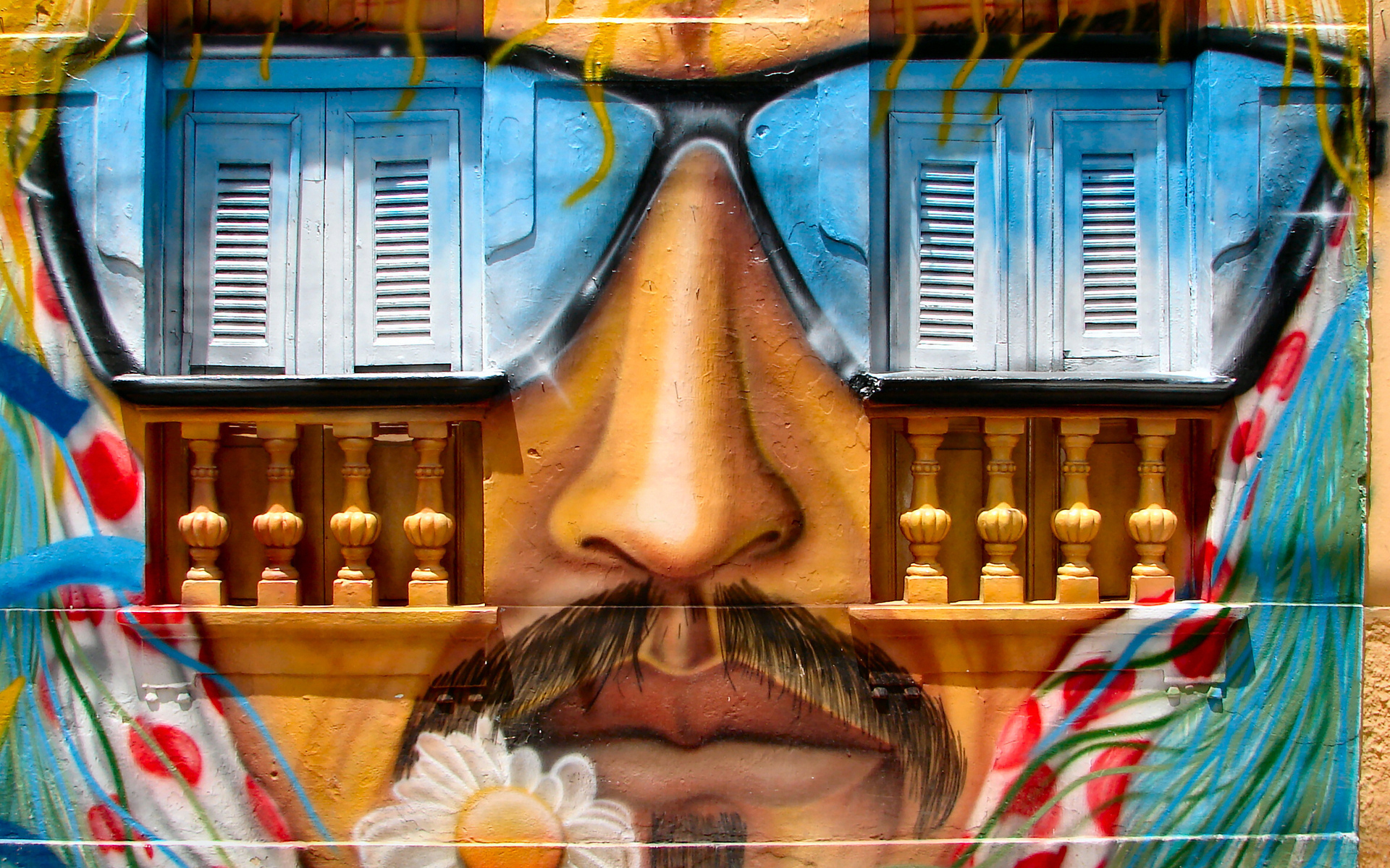 House Graffiti Men Nose Mustache Flowers Window Cyan 1920x1200