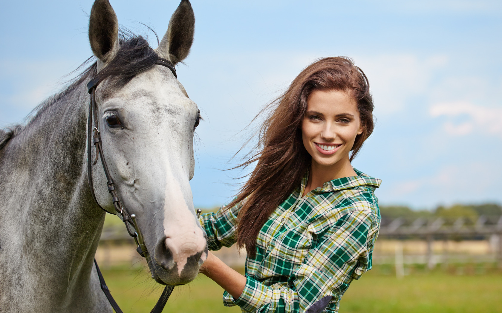 Brunette Women Izabela Magier Plaid Shirt Smiling Horse Women With Horse 1680x1050