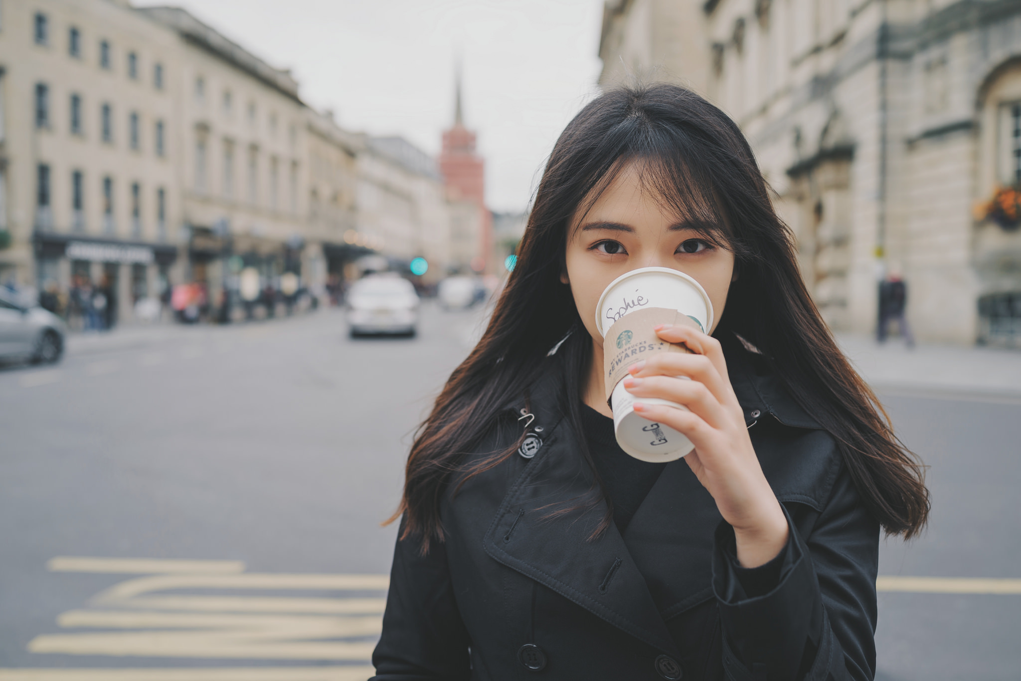 Asian Women Women Outdoors Coffee Starbucks Black Coat Coats 2048x1365