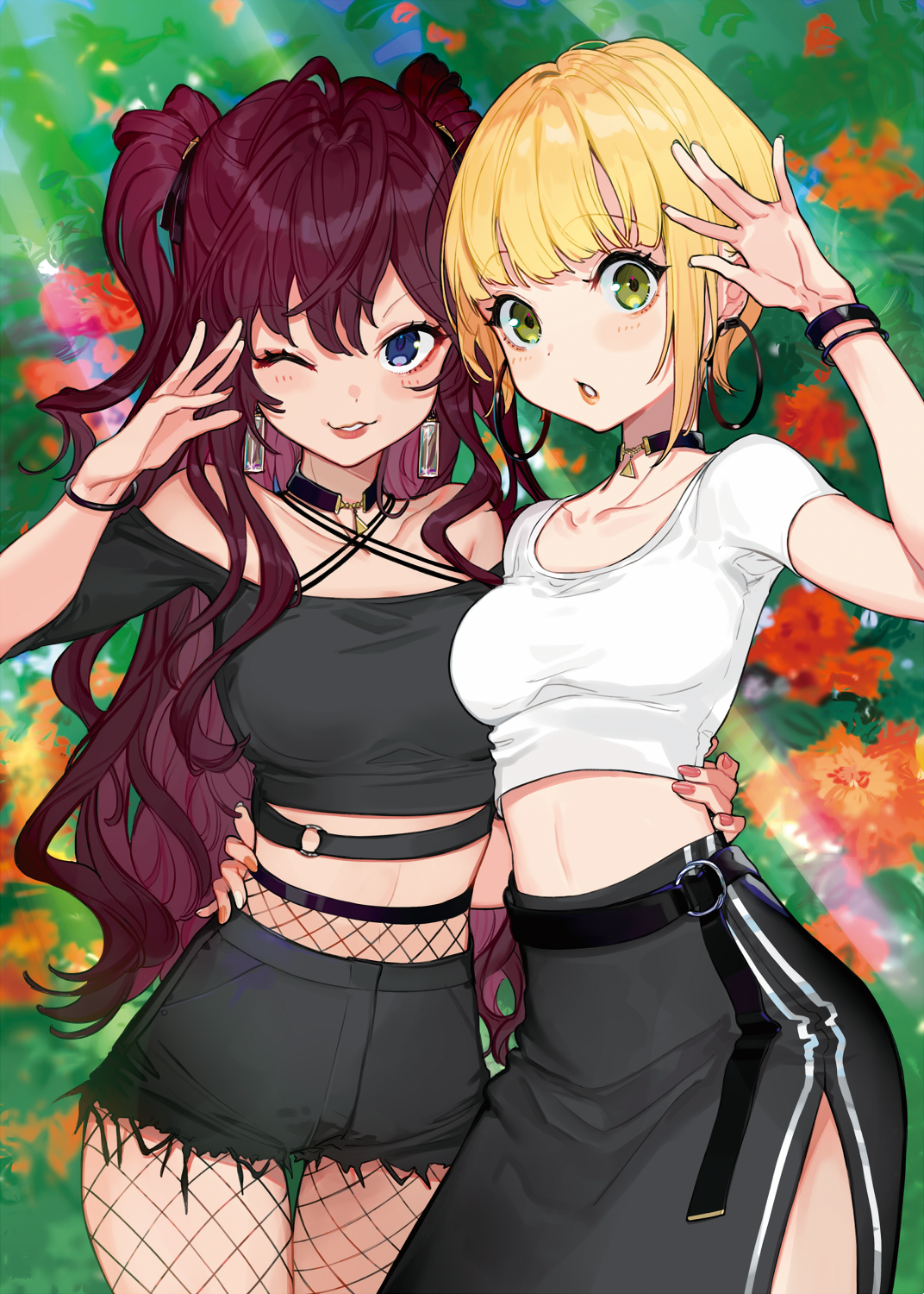 Anime Anime Girls Vertical Digital Art Artwork Portrait Display Blonde Black Hair Green Eyes Purple  1072x1500