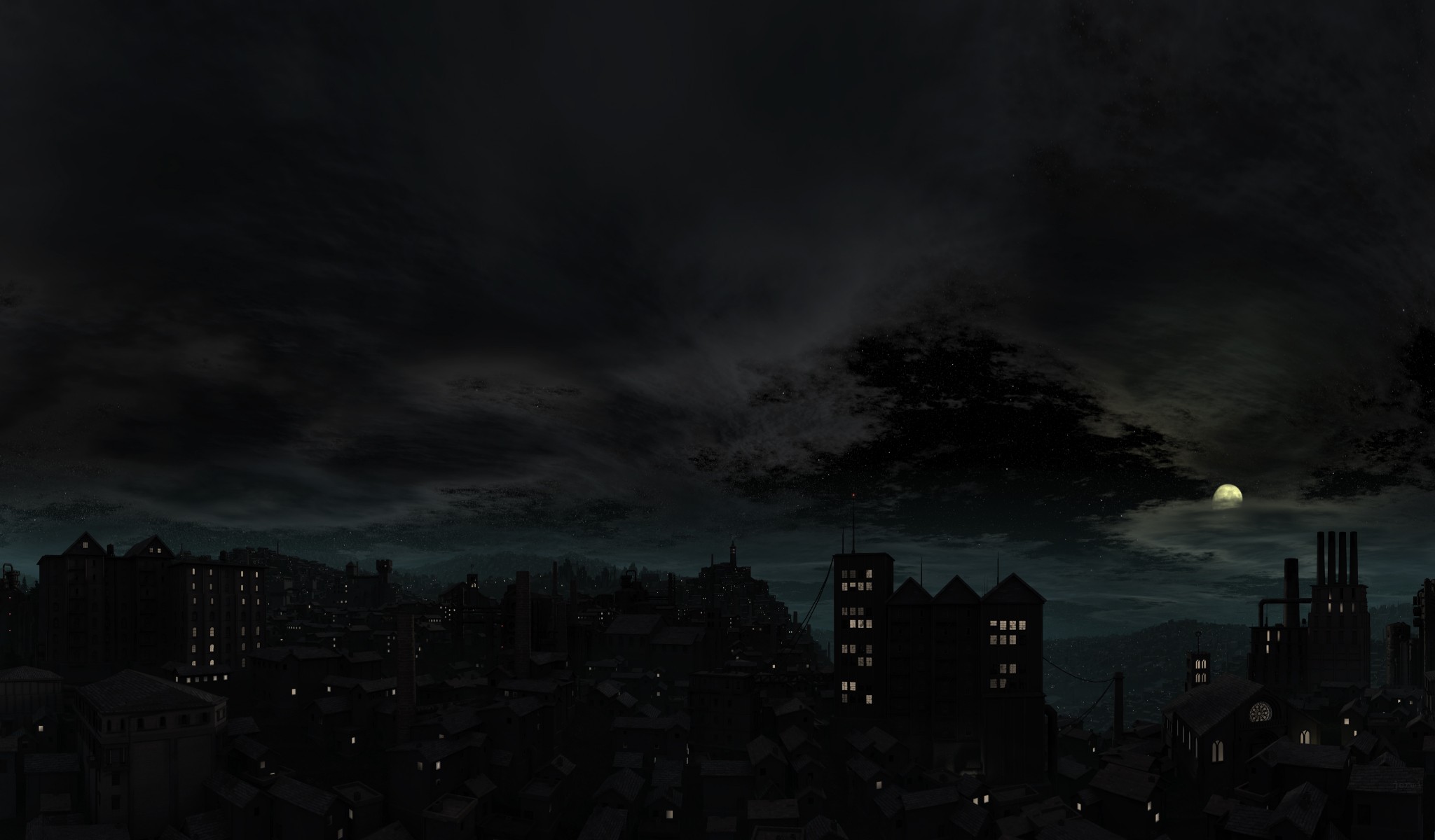 Cityscape Night Sky Moon Video Games Thief Dark 2048x1200