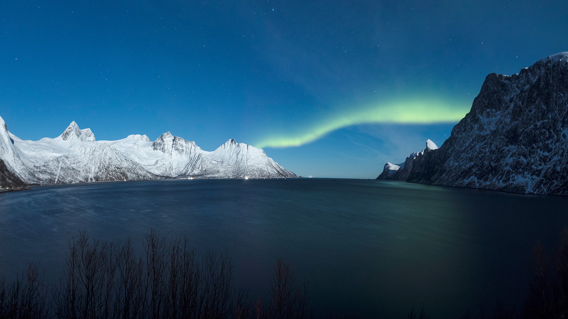 Nature Landscape Winter Snow Mountains Aurorae Norway Senja Stars Lake Snowy Peak 1920x1080