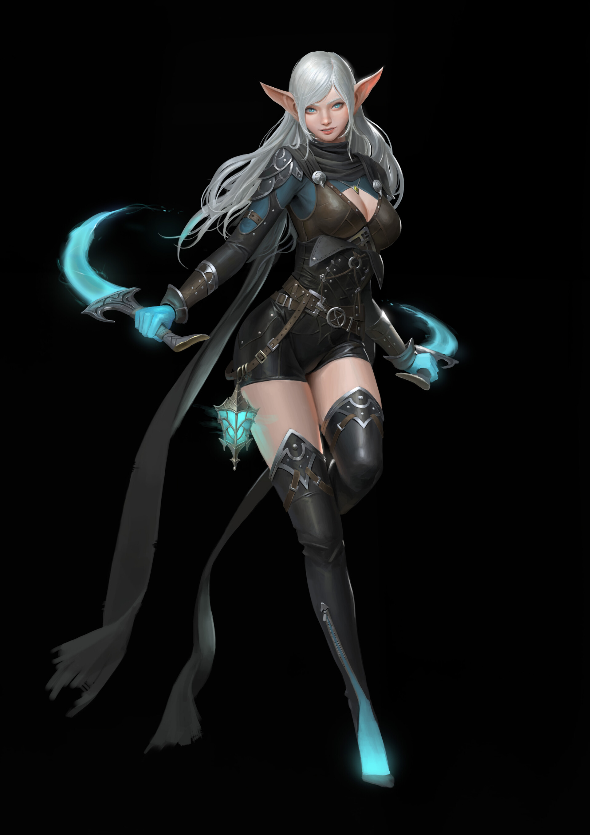Hyunjoon Kim Drawing Women Elves Silver Hair Long Hair Armor Rogue Dagger Glowing Weapon Thigh Highs 1920x2716