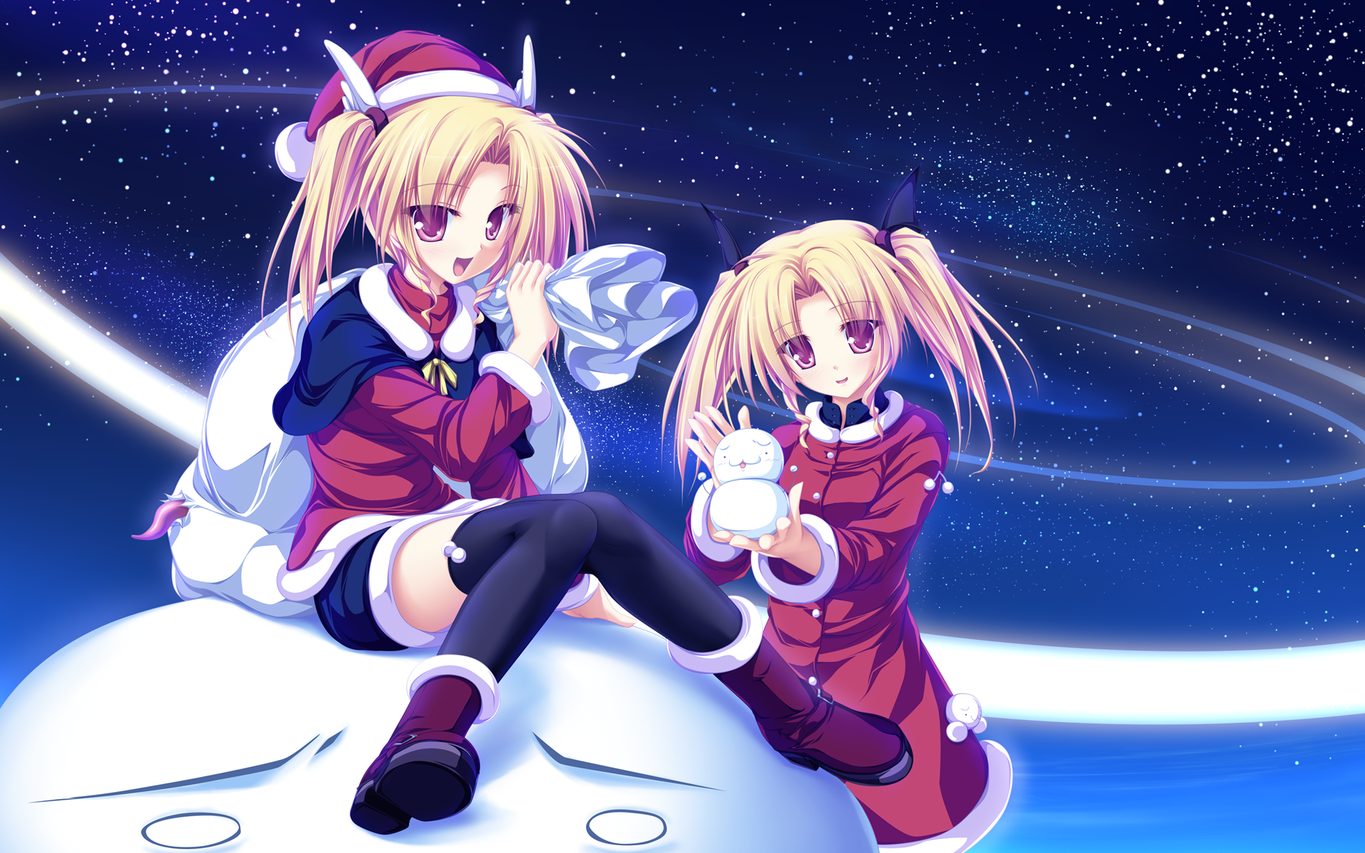 Anime Girls Blonde Santa Hats Knee Highs Snowmen Night Stars Magus Tale 1920x1200