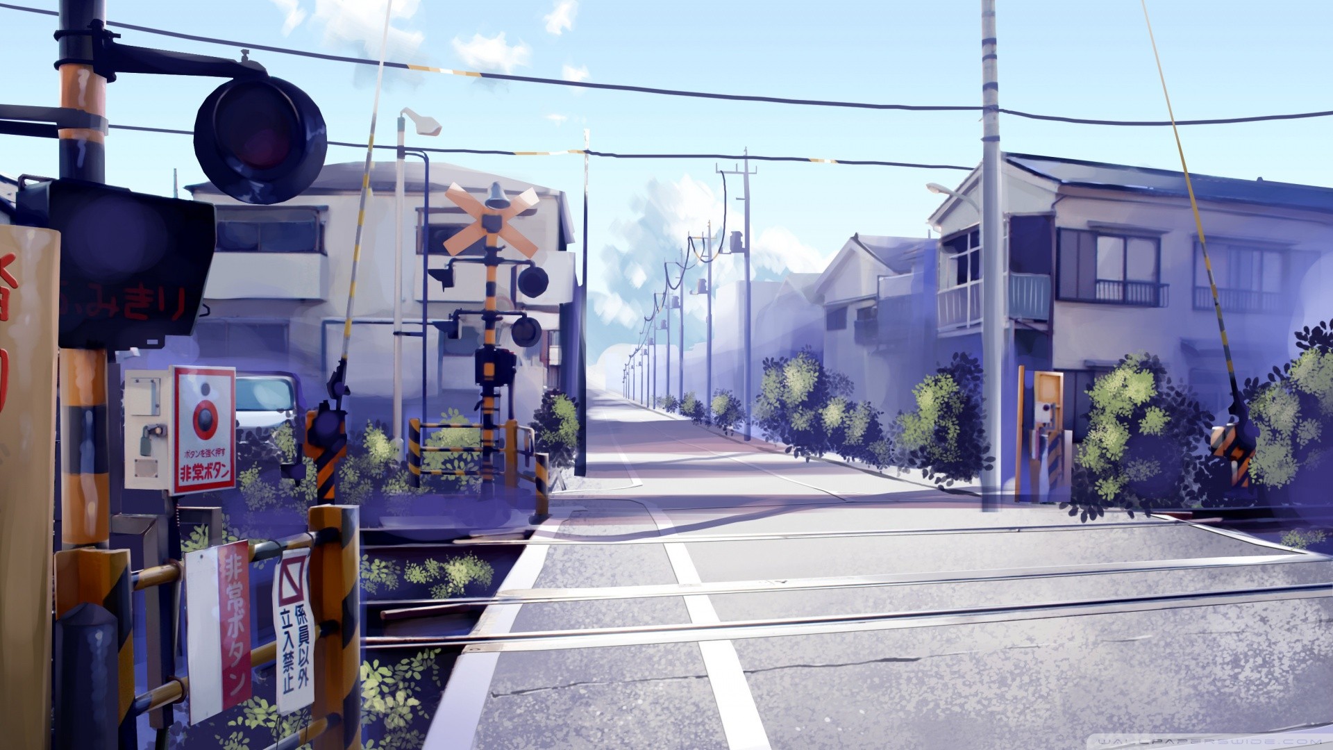 Artwork Street Anime City Road Railway Crossing 1920x1080