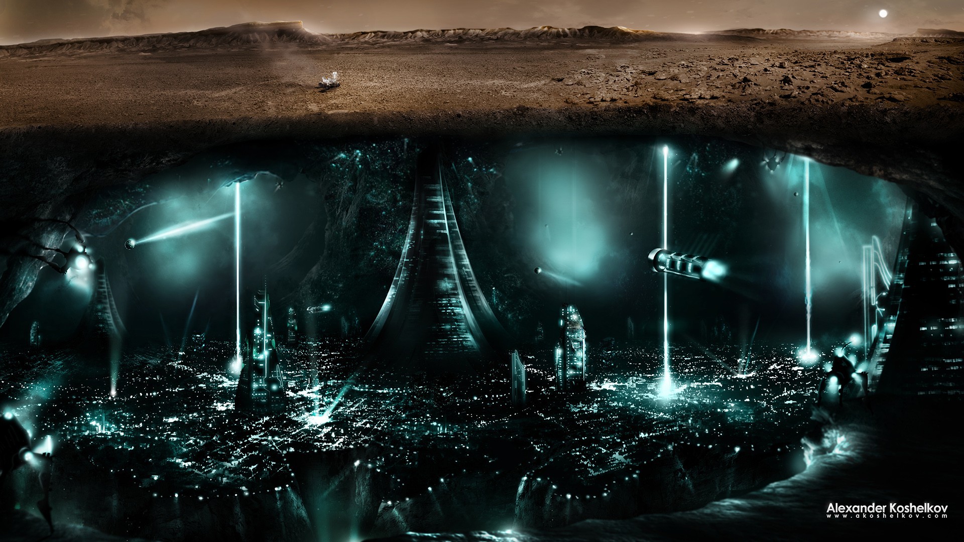 Mars Space Science Fiction City Lights Split View Alexander Koshelkov 1920x1080