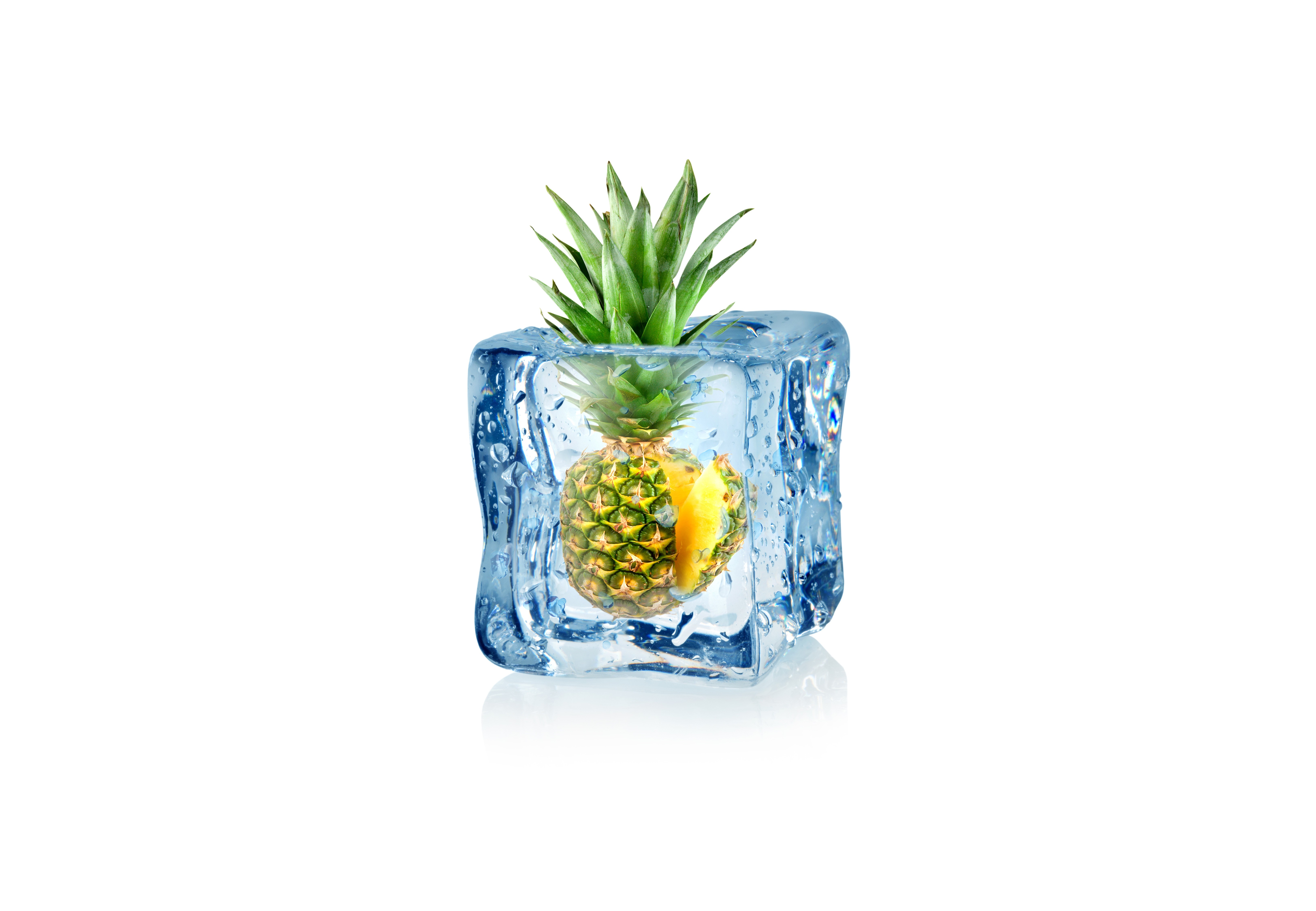 Minimalism White Background Fruit Digital Art Ice Cubes Pineapples Leaves Water Drops 6500x4500
