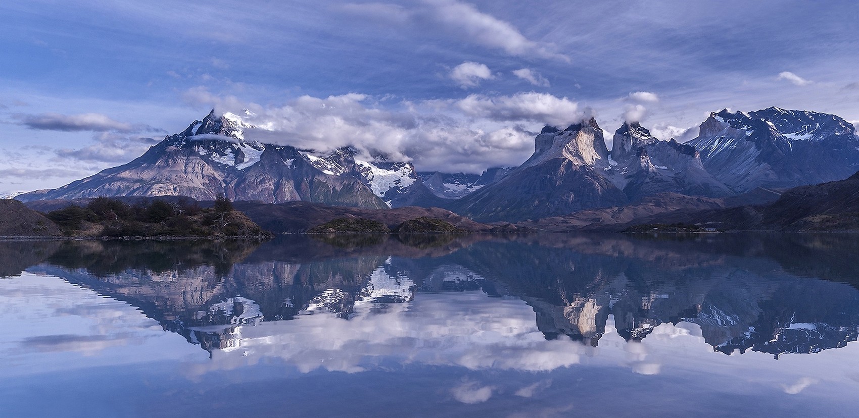 Nature Landscape Summer Mountains Morning Reflection Lake Water Clouds Torres Del Paine Chile Snowy  1700x828