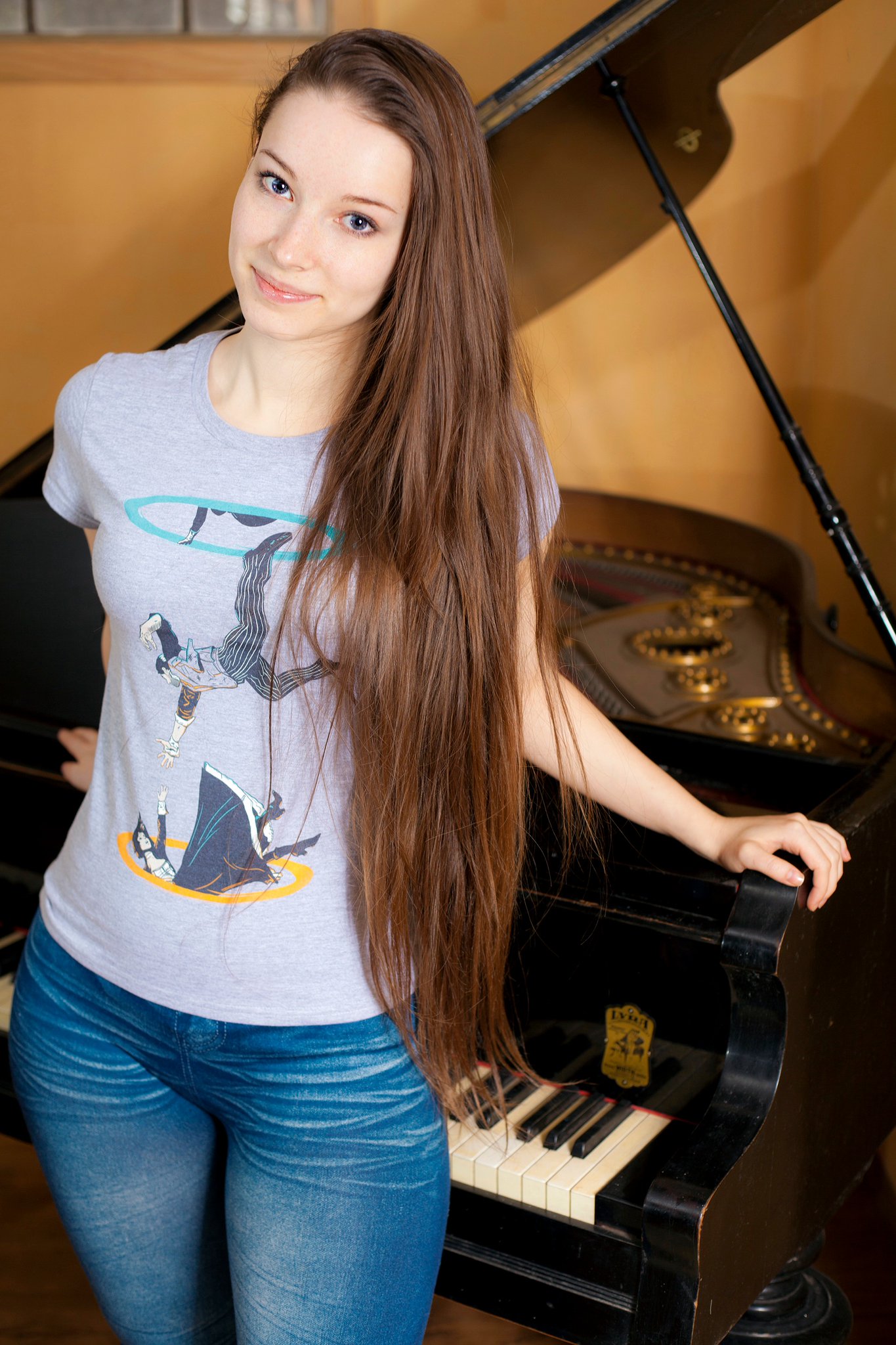 Enji Night Women Brunette Long Hair Looking At Viewer T Shirt Jeans Piano Women Indoors Portrait Dis 1365x2048