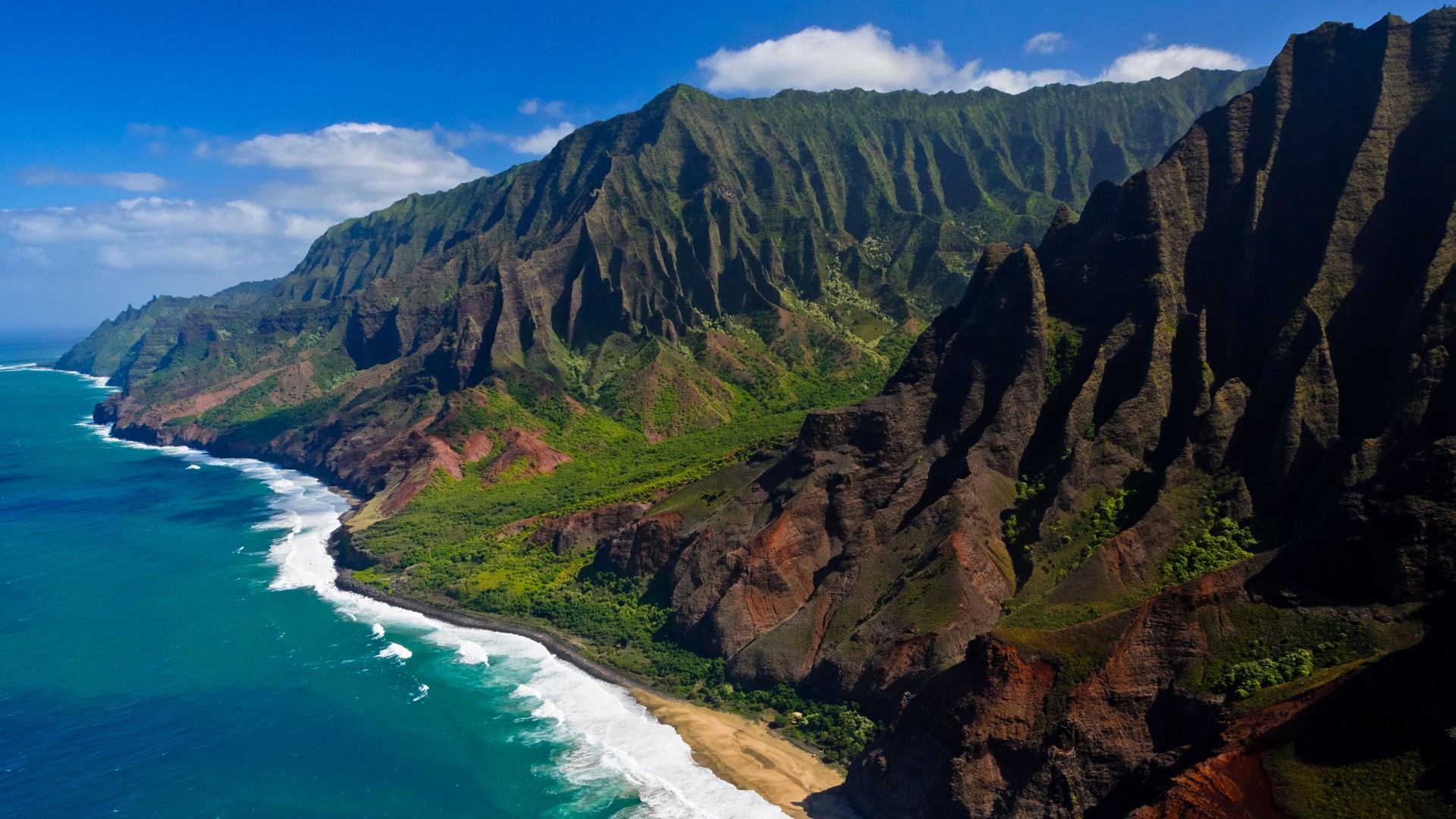 Nature Landscape Mountains Water Coast Sand Plants Trees Forest Clouds Sky Aerial View Aerial Kauai  1920x1080