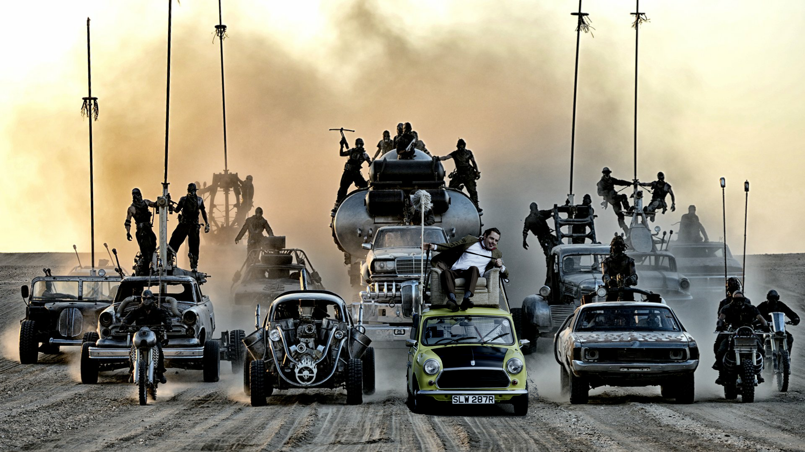 Mr Bean Mad Max Movies Desert Mash Ups Photoshop Humor Mini Dust Dirt 2623x1475