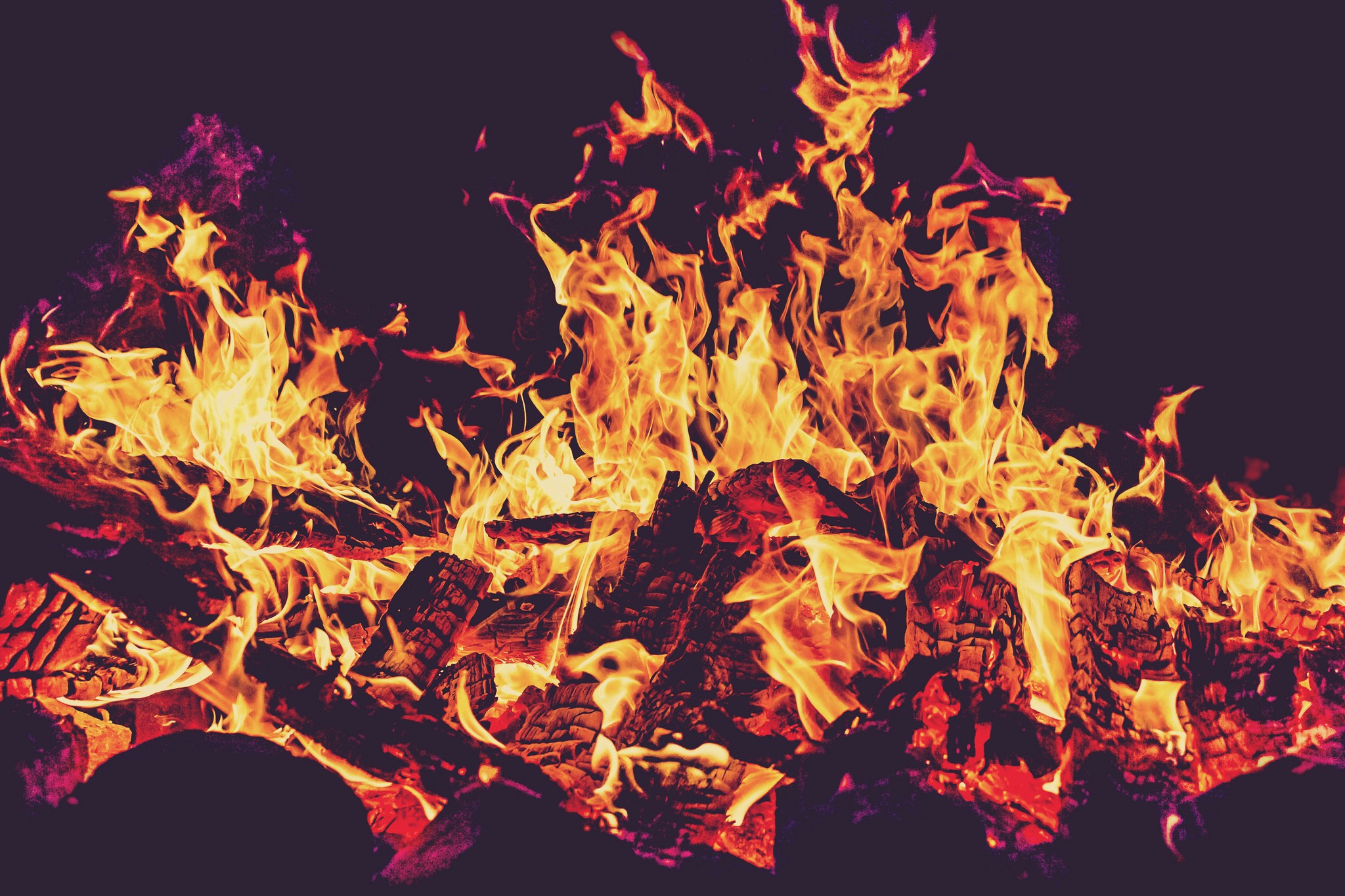 Fireplace Fire Burning Dark Red Embers Yellow Bonfires 2048x1365