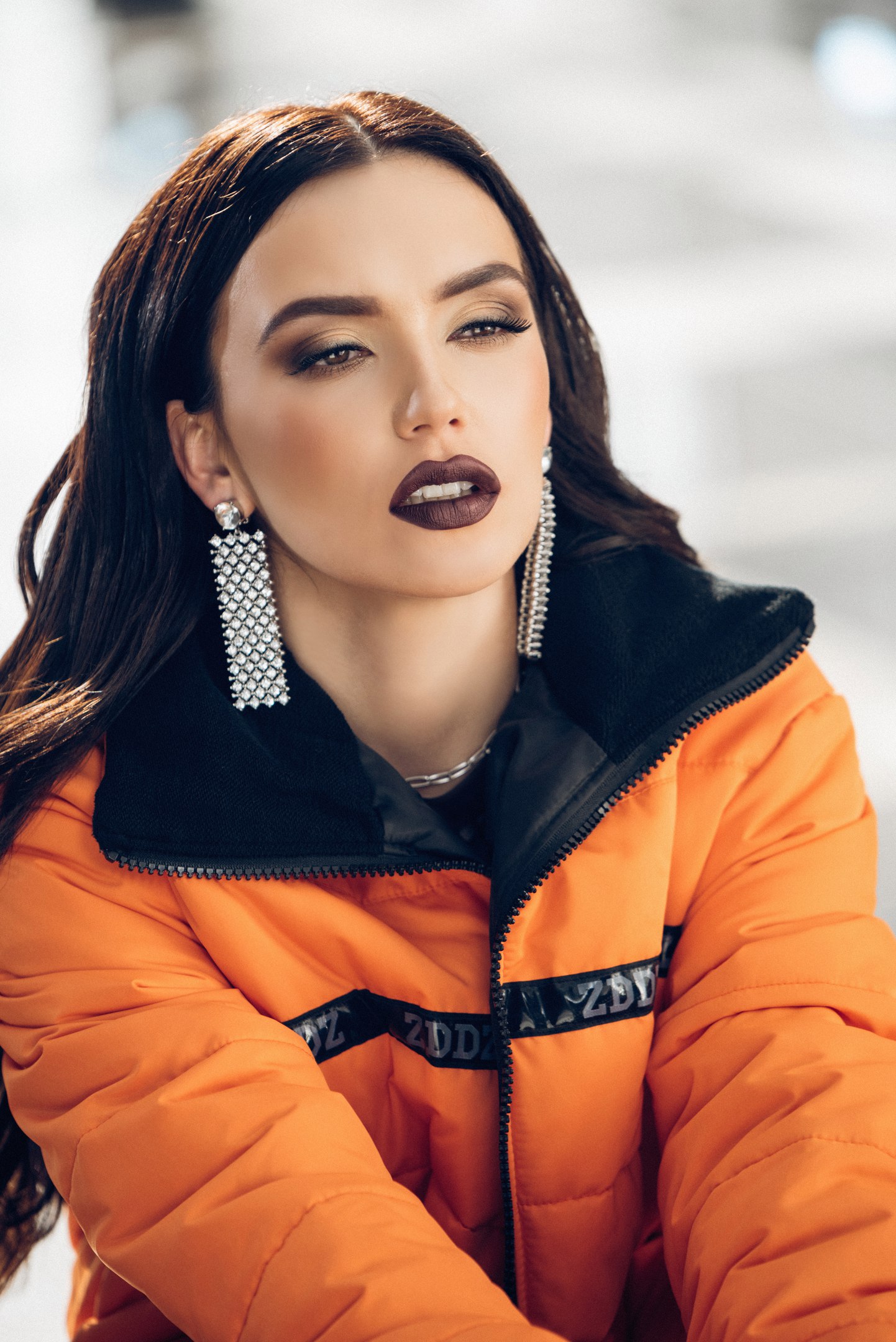 Olga Seryabkina Women Brunette Lipstick Dark Lipstick Dark Hair Long Hair Russian Orange Jacket 1442x2160