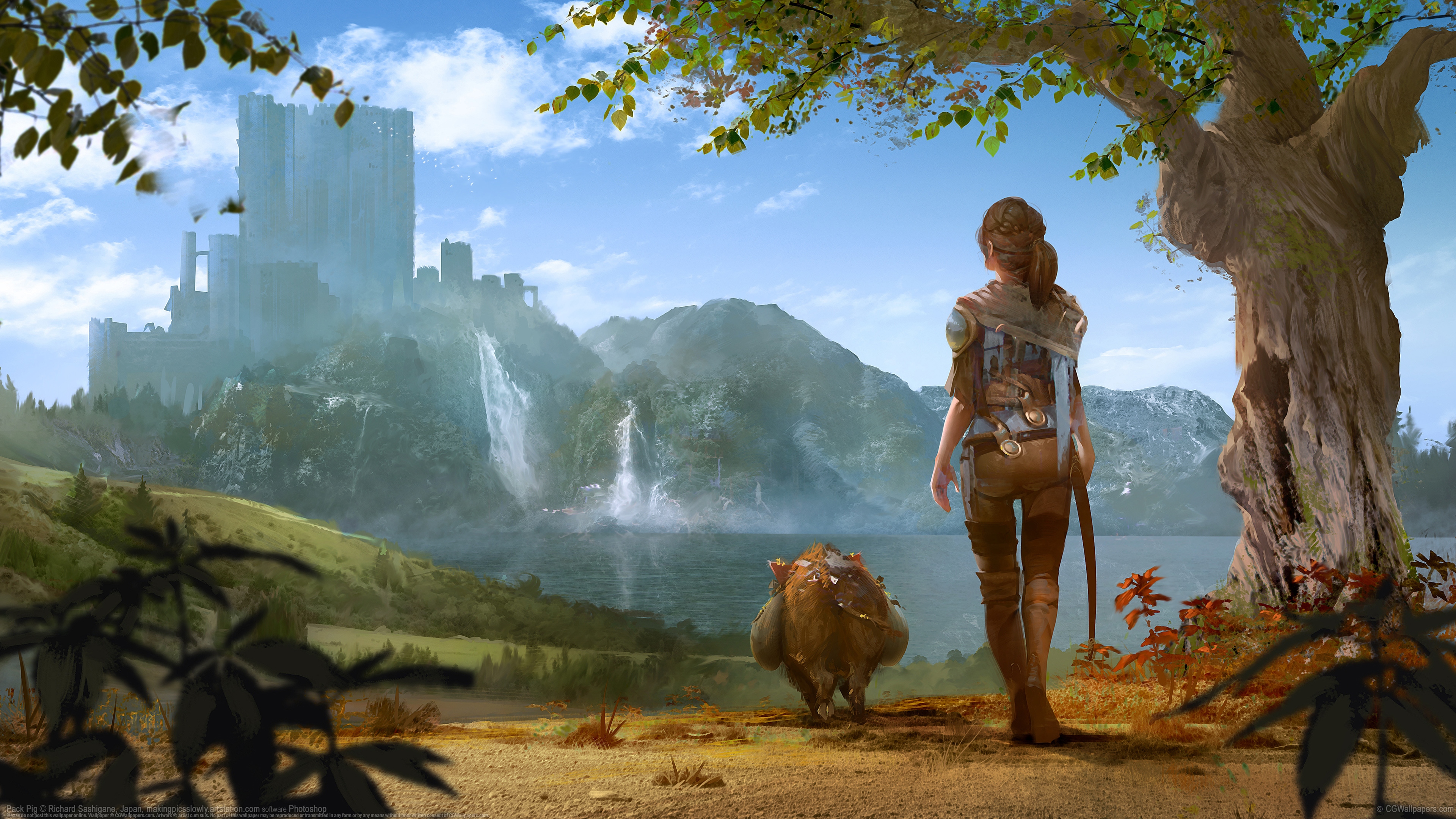 Girls Avenue Back Walking Artwork Far View Lake Trees Castle Anime Girls Looking Into The Distance 3840x2160