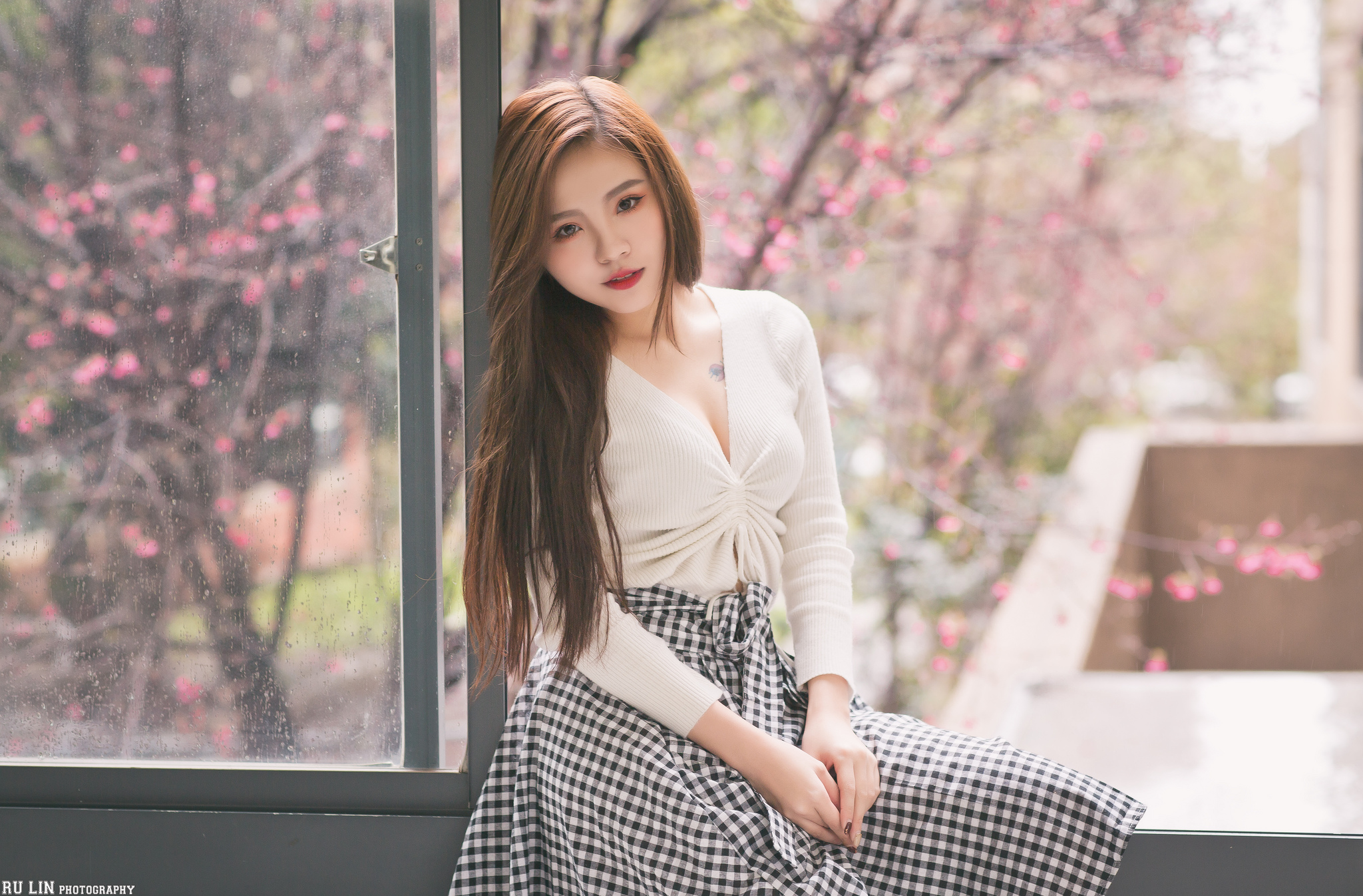 Women Model Asian Brunette Long Hair Looking At Viewer Red Lipstick White Tops Tattoo Skirt Plaid Sk 2048x1346