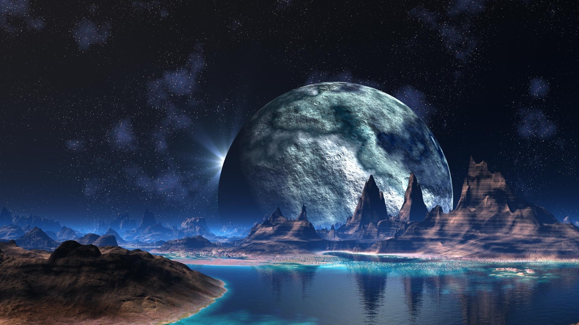 Space Fantasy Art Artwork World Alien World Stars Moon River Water Natural Light Mountains Without P 1920x1080