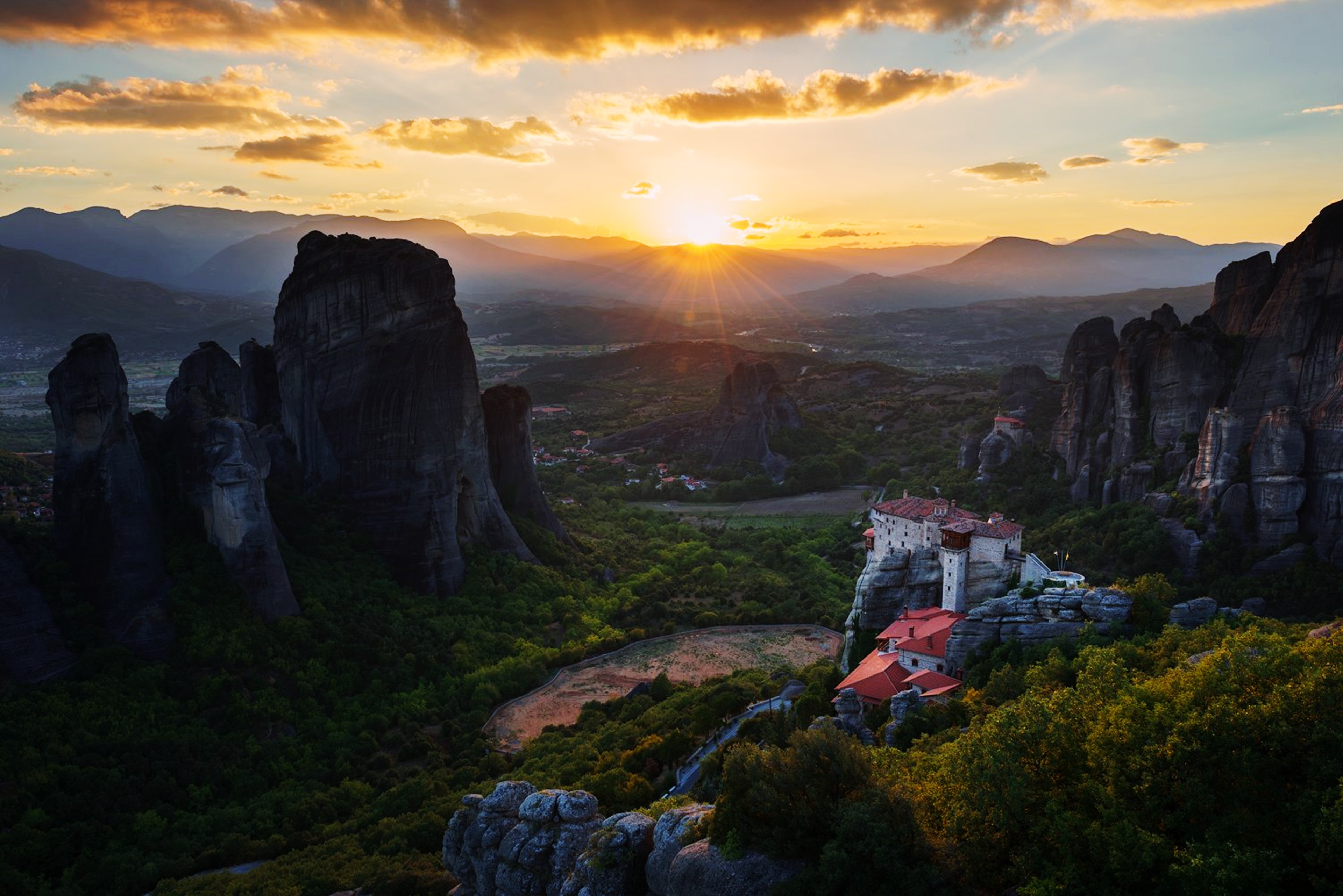 Greece Landscape Nature Sunset Mountain Forest House 3840x2563