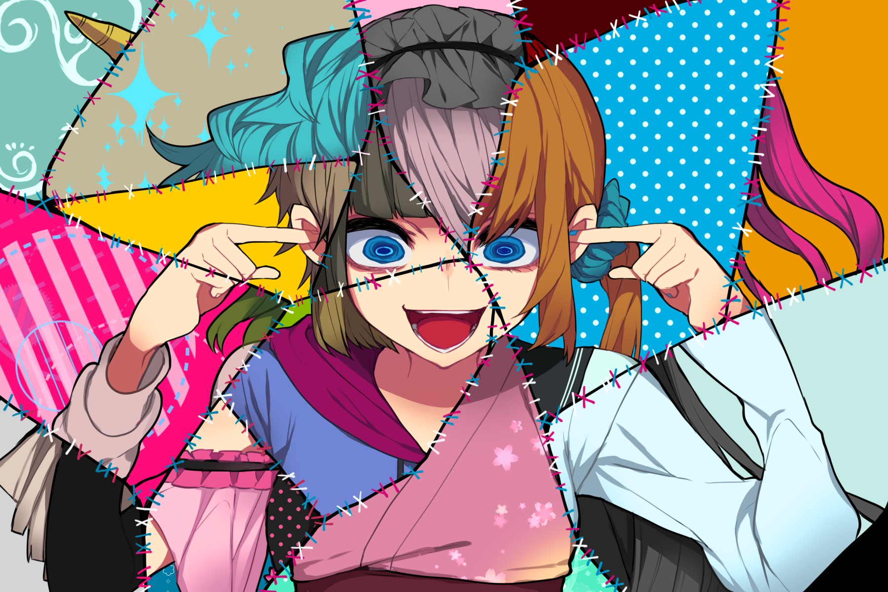Anime Girls Artwork Digital Art Drawing Yandere Blue Eyes Multicolored Hair Kimono Short Hair Long H 1800x1200