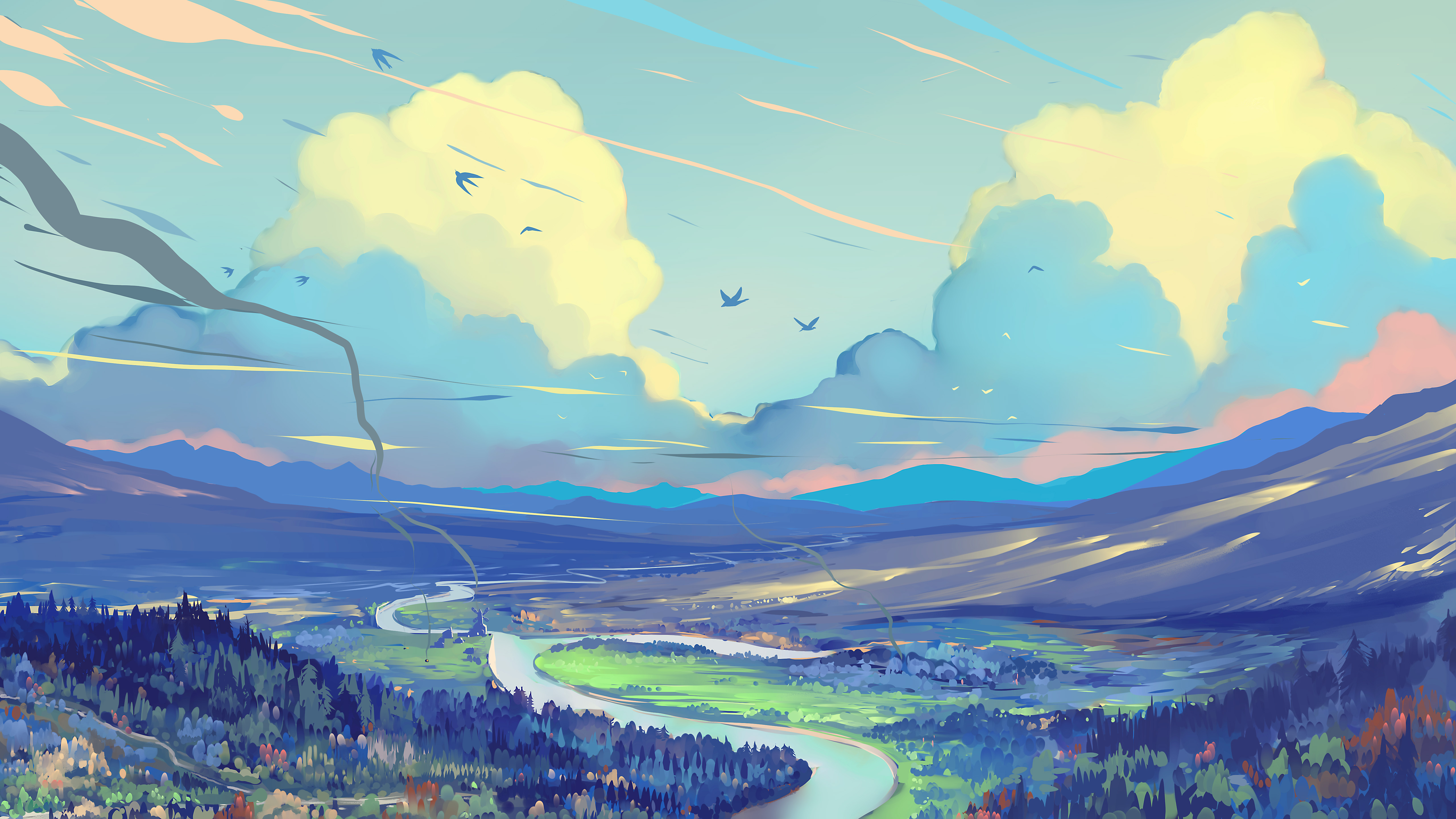 Painting Clouds Sky Landscape River Trees Mountains Birds Digital Art Drawing Hangmoon Artwork 5120x2880