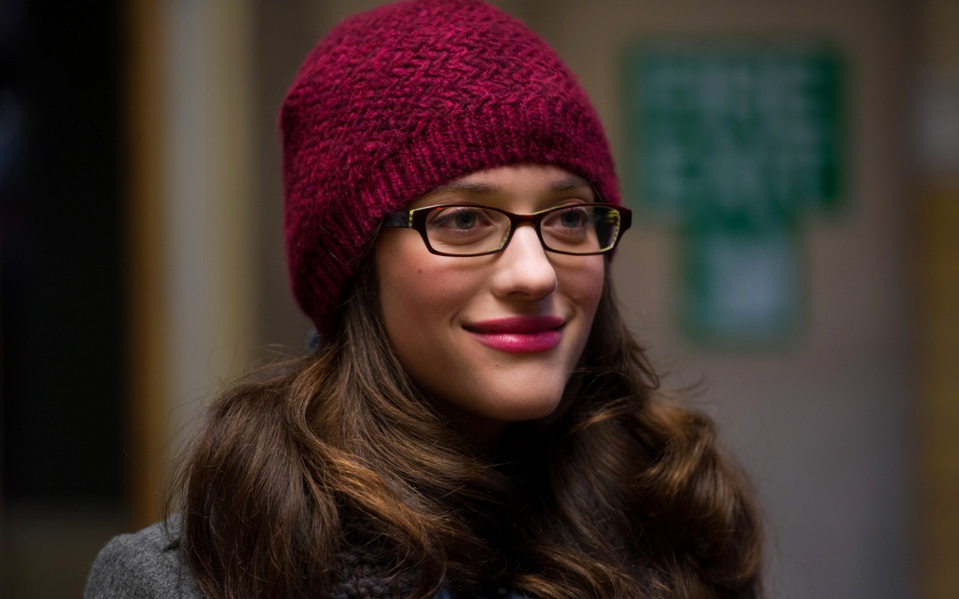 Women Kat Dennings Actress Glasses Face Blue Eyes Women With Glasses Brunette Hat Woolly Hat 1920x1200