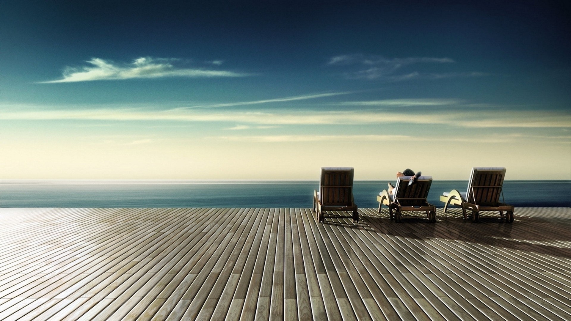 Deck Chairs Aerial View Stairs Clouds Sky Alone Landscape 1920x1080