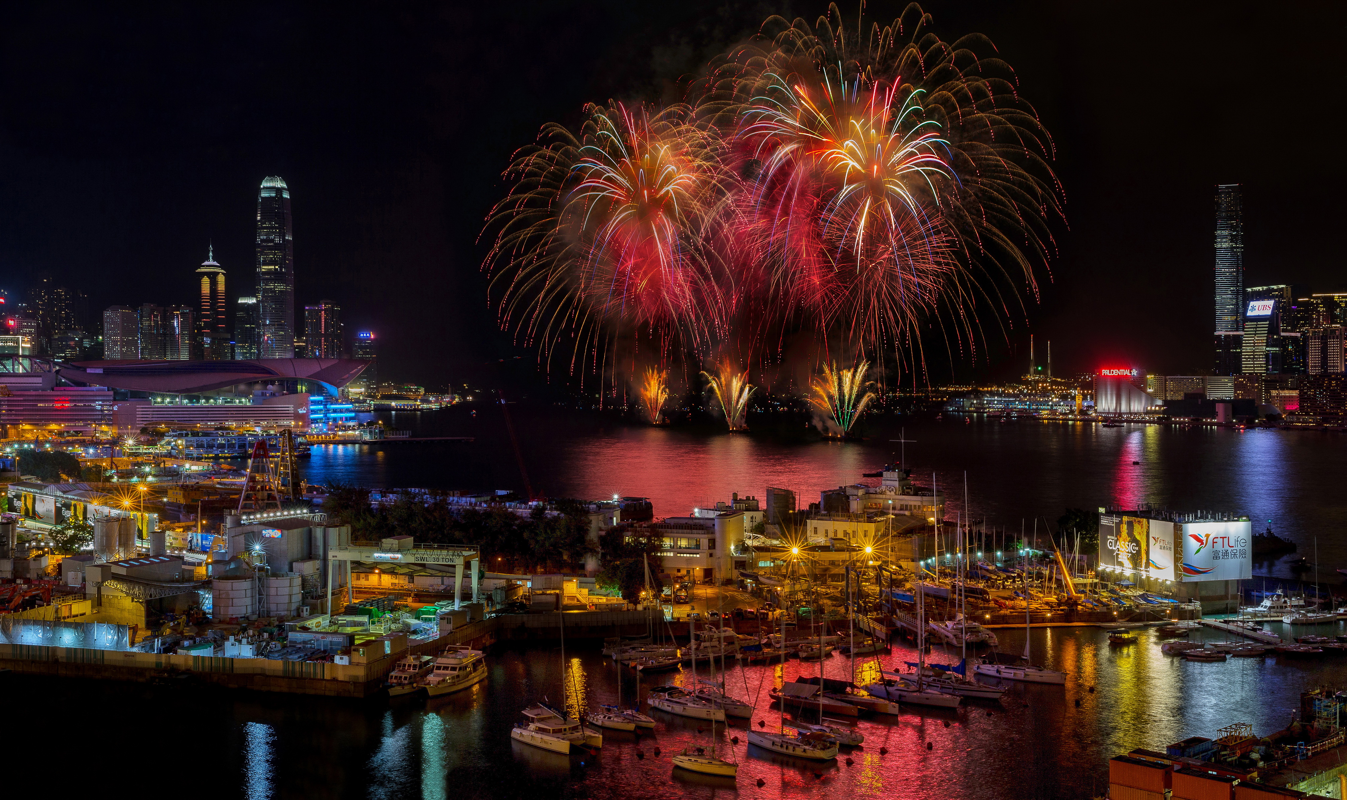 Hong Kong Victoria Harbour Fireworks Pier Night Yacht Skyscraper 4500x2672