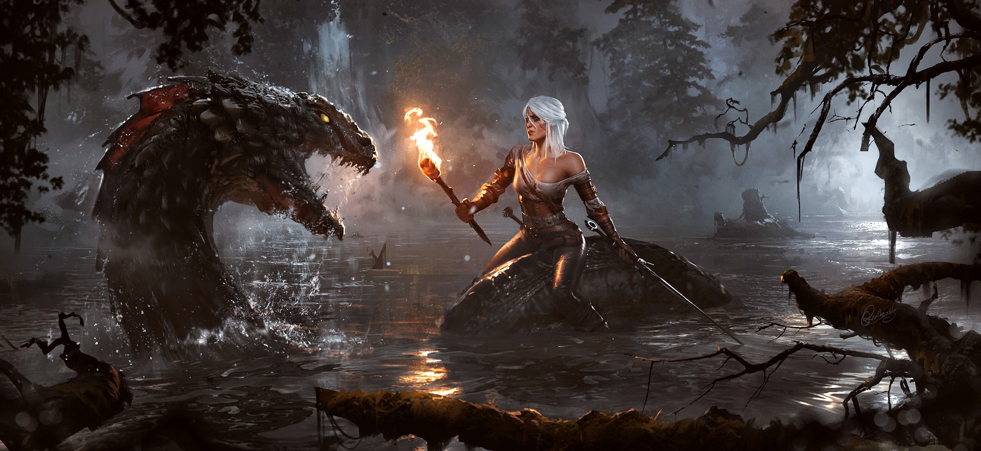 Video Games Ciri Creature The Witcher 3 Wild Hunt RPG Torches Fantasy Girl Fantasy Art 1920x883