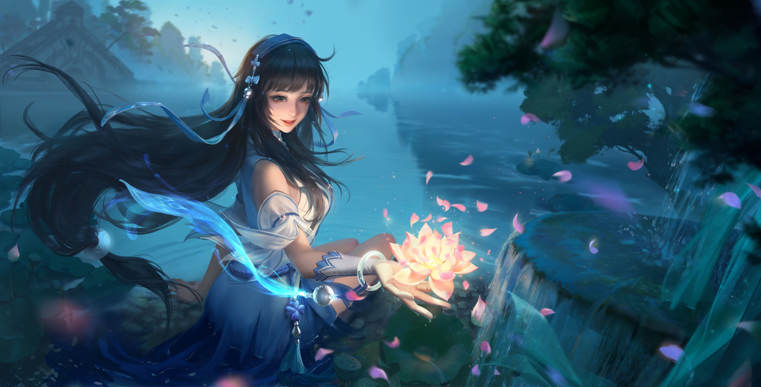Anime Anime Girls Fantasy Art Fantasy Girl Long Hair Nature Dark Hair Flowers Xi Shi Chinese Charact 2560x1303