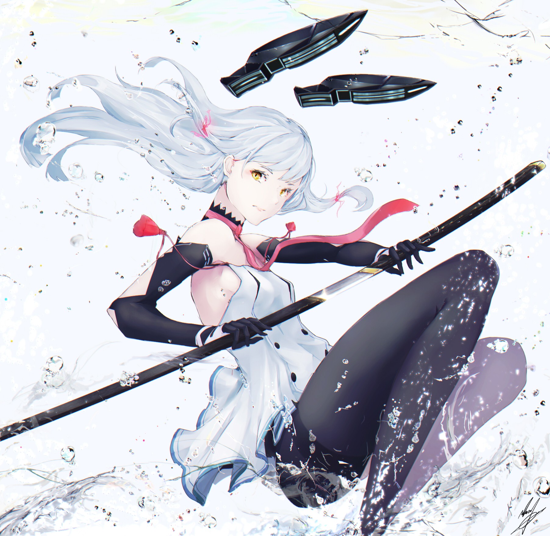 Kantai Collection Murakumo KanColle Long Hair White Hair Yellow Eyes Dress Neckties Black Gloves Kat 1803x1758