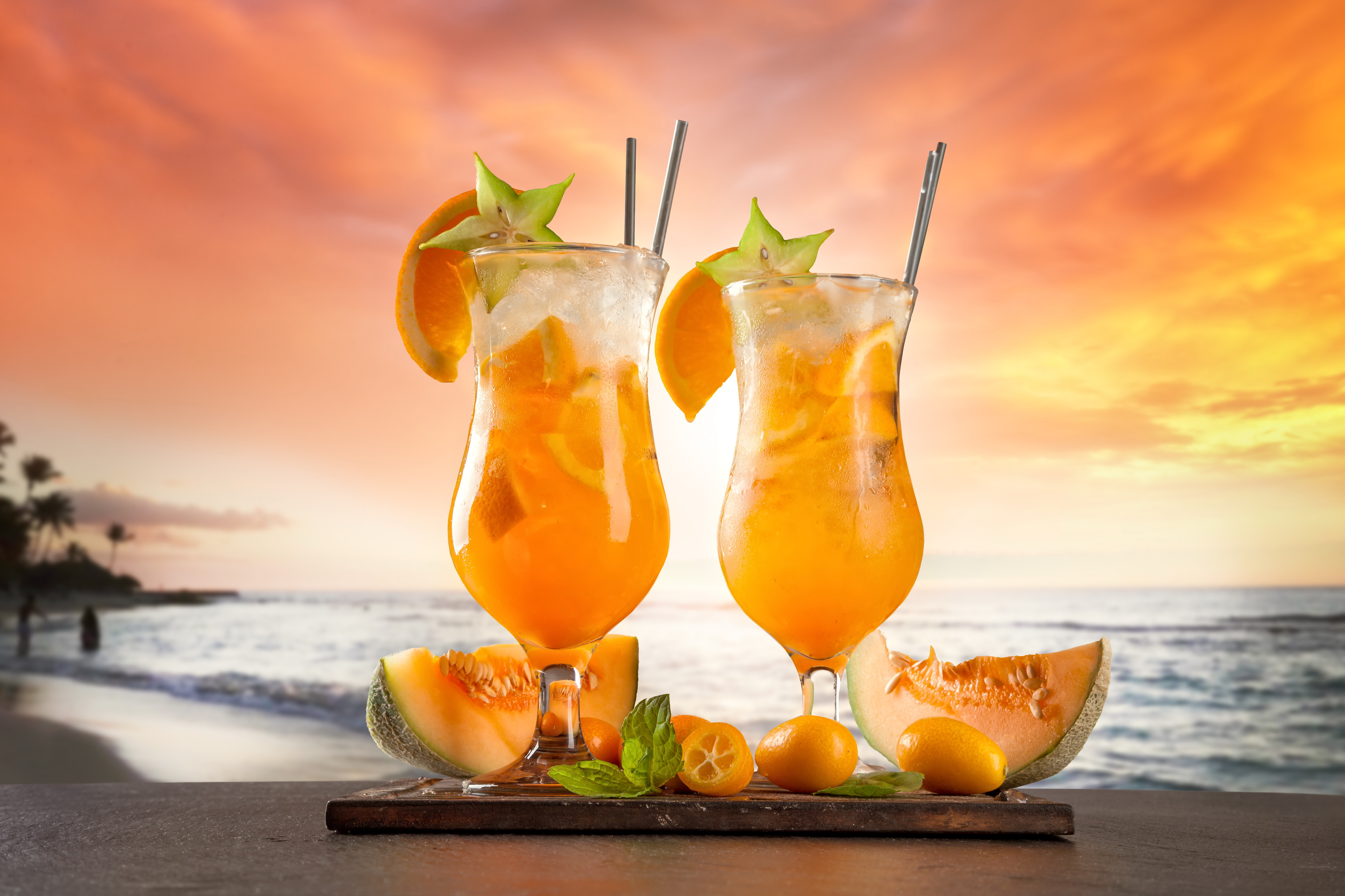 Cocktail Drink Fruit Horizon Ocean Sunset Tropical Glass Melon 5616x3744