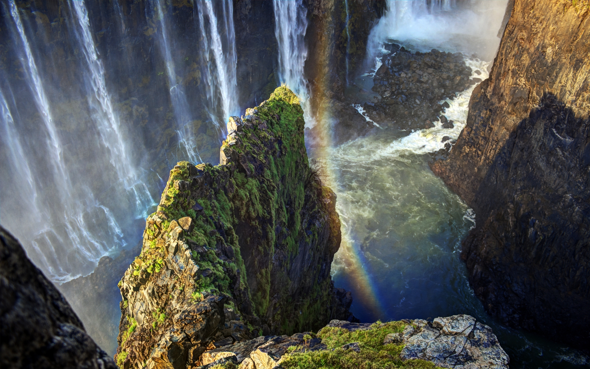 Waterfall Rock Stone Rainbow Moss Victoria Falls 1920x1200