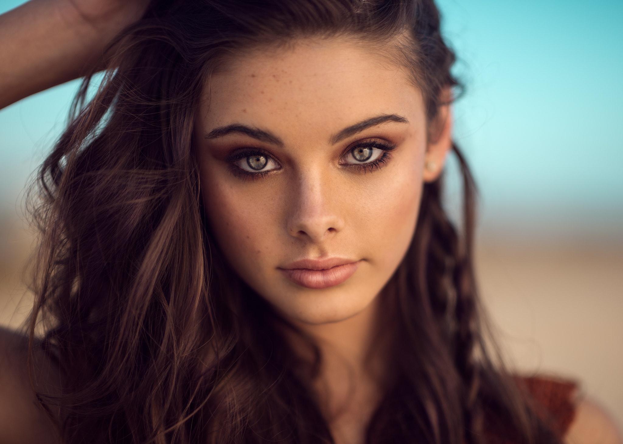 Face Women Model Portrait Zubair Aslam Teen Freckles Closeup Gray Eyes Brunette Long Hair 2048x1458