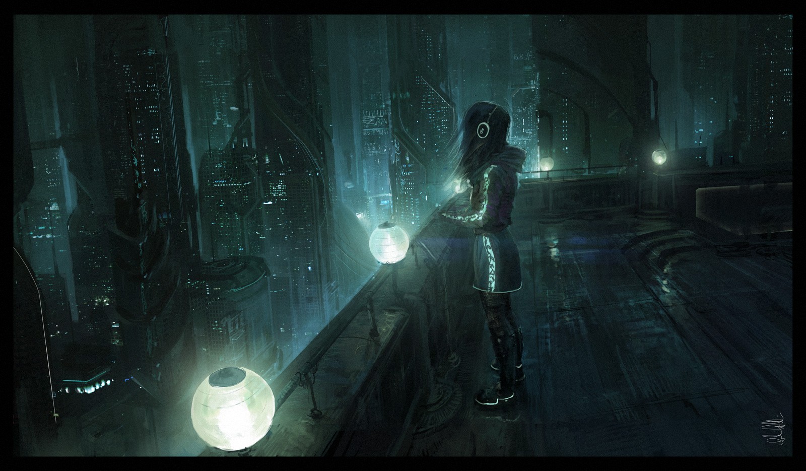 Futuristic Cityscape City Skyscraper Headphones Dark Balcony Science Fiction Fantasy Art Digital Art 1600x935