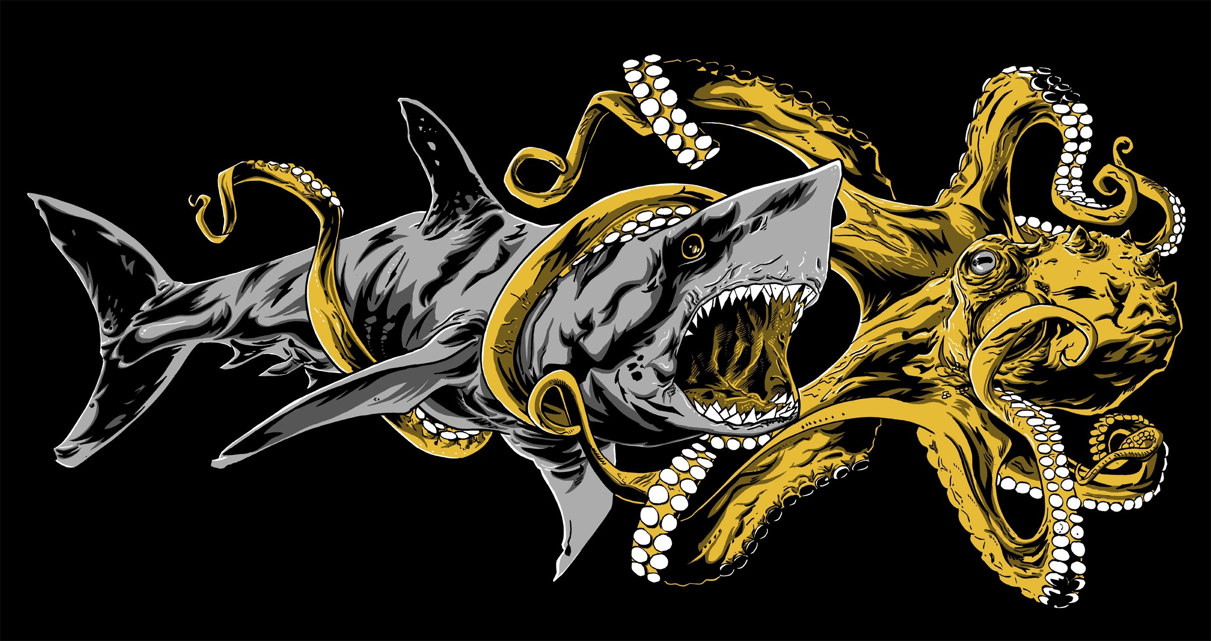 Octopus Shark Artwork Animals Yellow Squids Black Background Gray 2448x1296